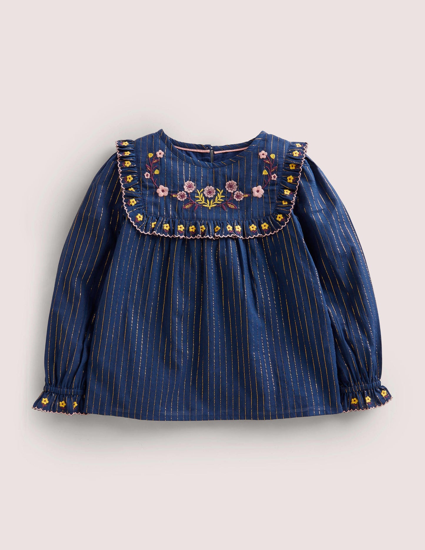 Gerüschtes Weboberteil mit Stickerei-Schuluniform-Navy, Blumen