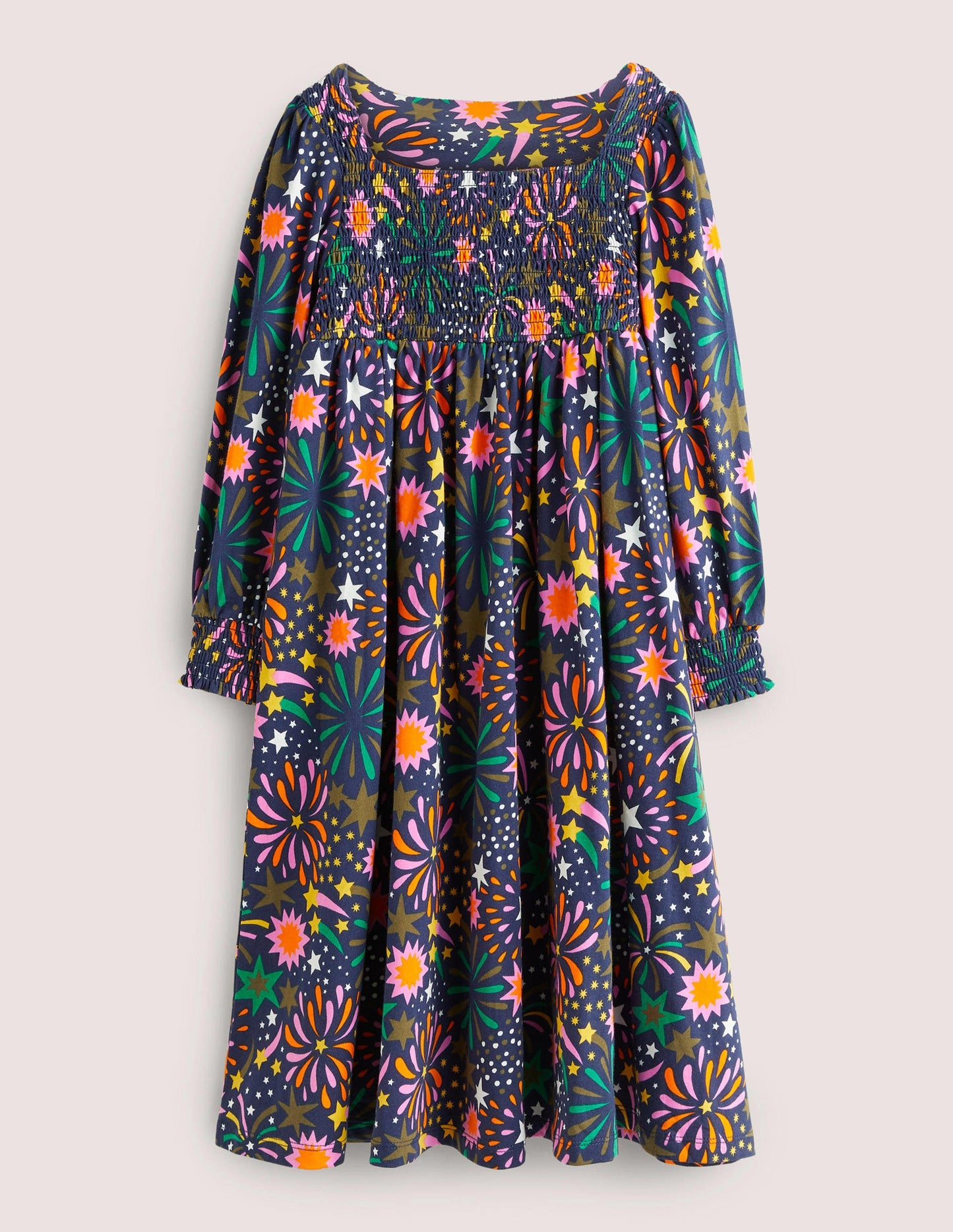 Trapezkleid mit gesmoktem Oberteil-Bunt, Feuerwerk