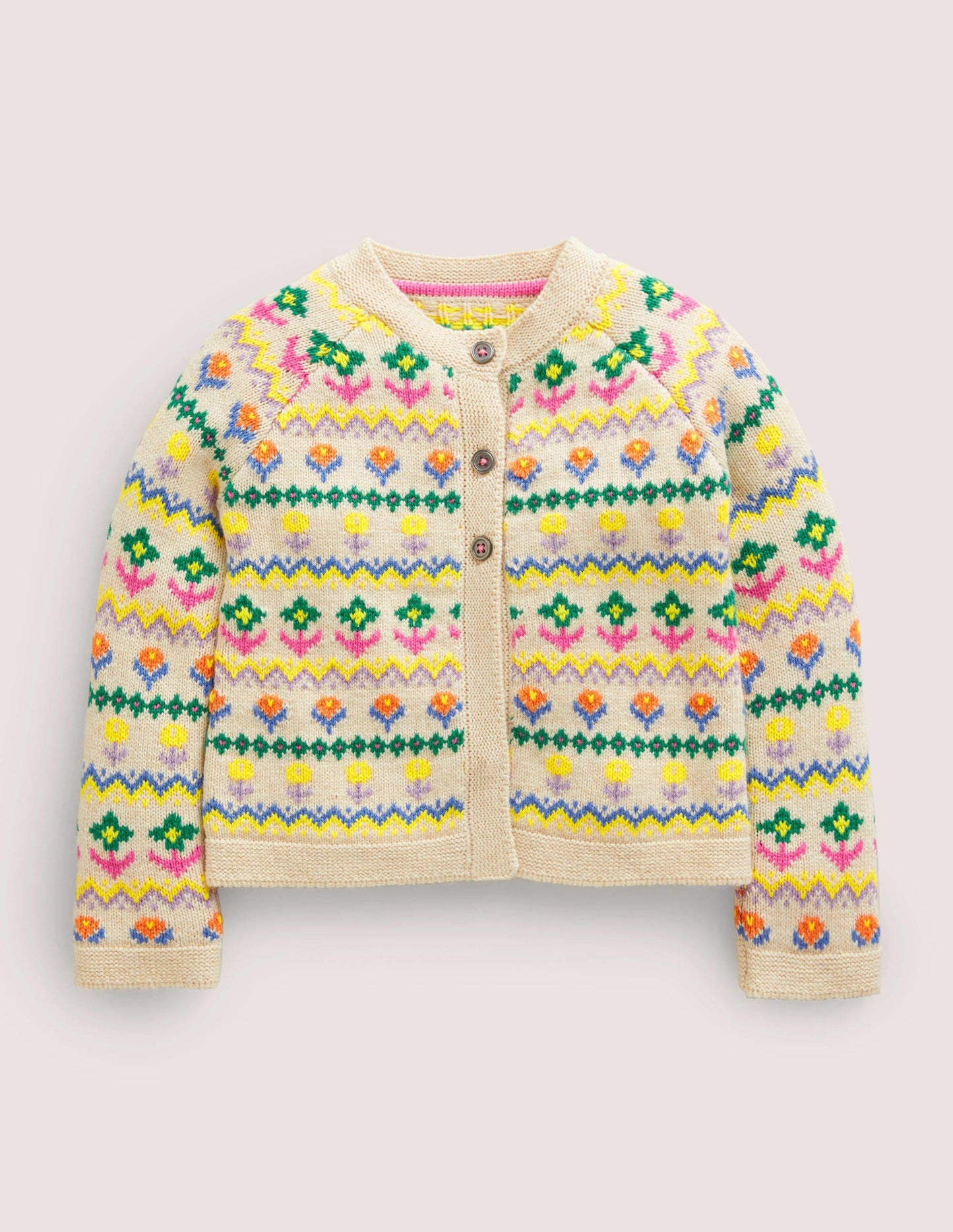 Fair-Isle-Cardigan mit Blumenmuster-Hellbeige Meliert, Bunte Blumen