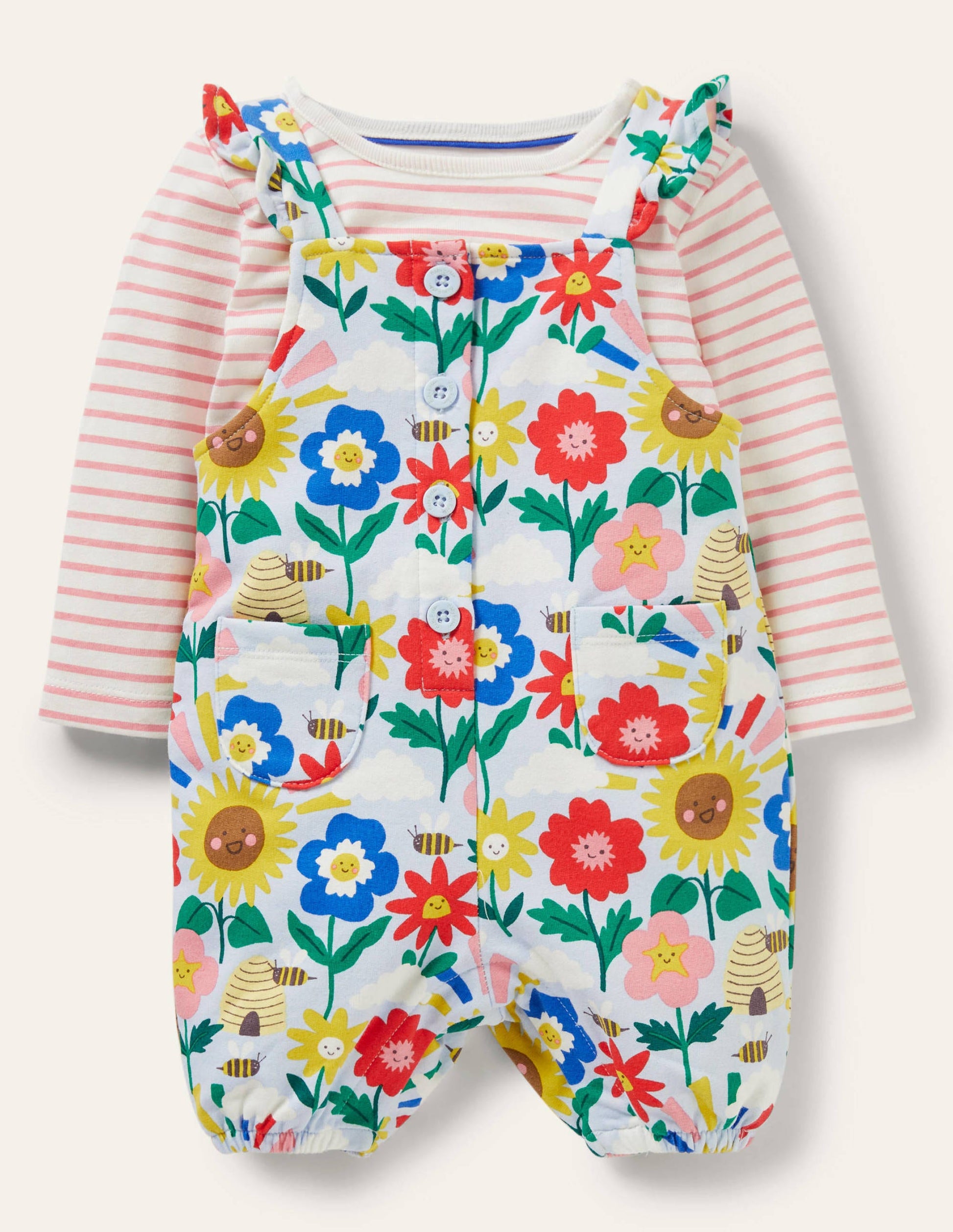 Jersey Dungaree Set-Multi Happy Flowers-1
