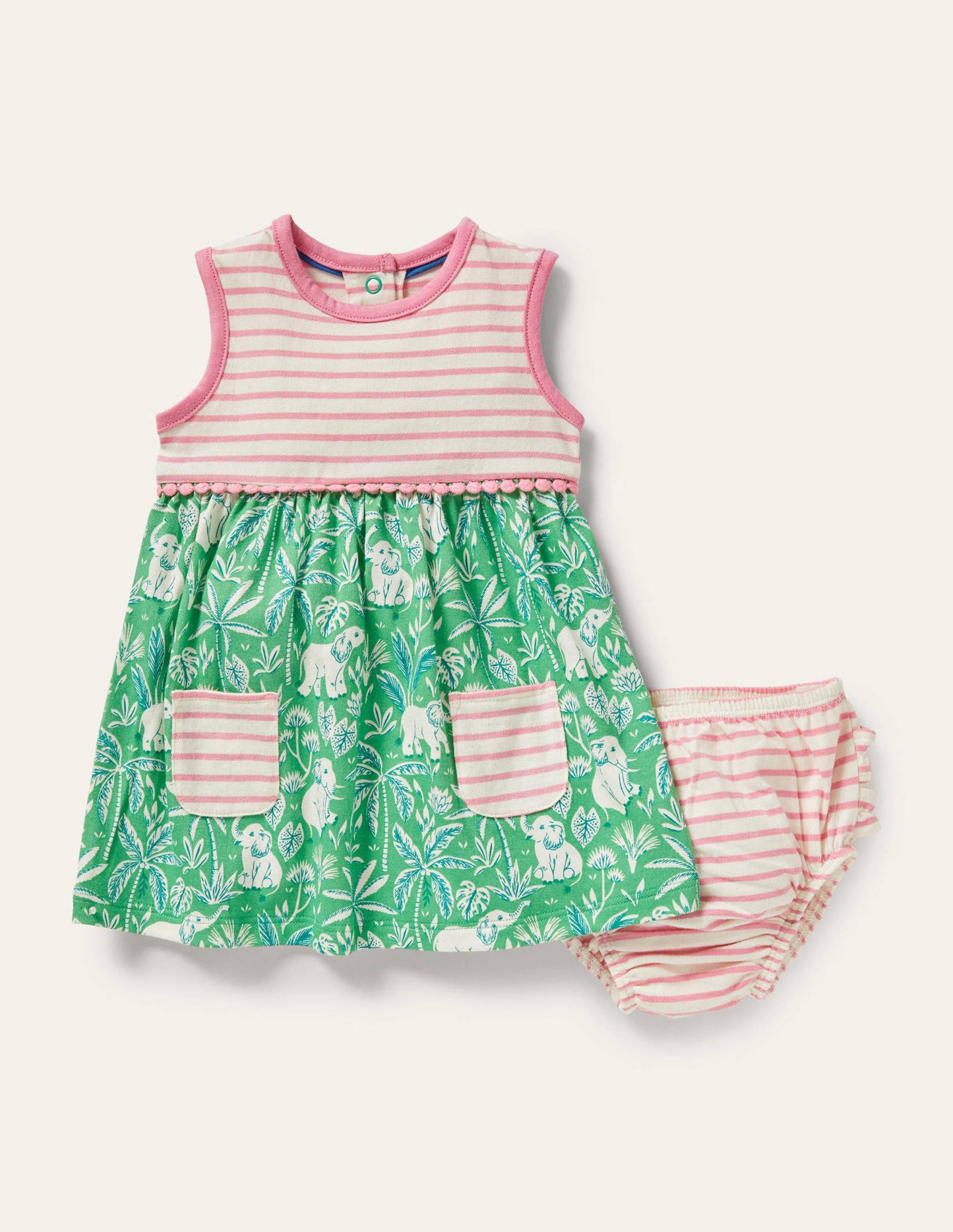 Ärmelloses Jerseykleid-Aloe-Vera-Grün, Elefanten/Palmen