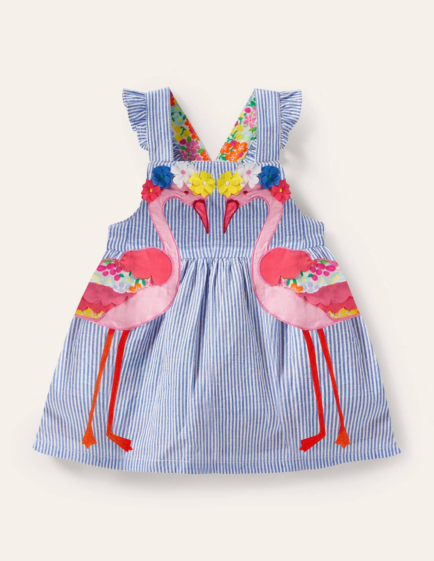 Webkleid mit Applikation-Naturweiß/Glockenblumenblau, Flamingo