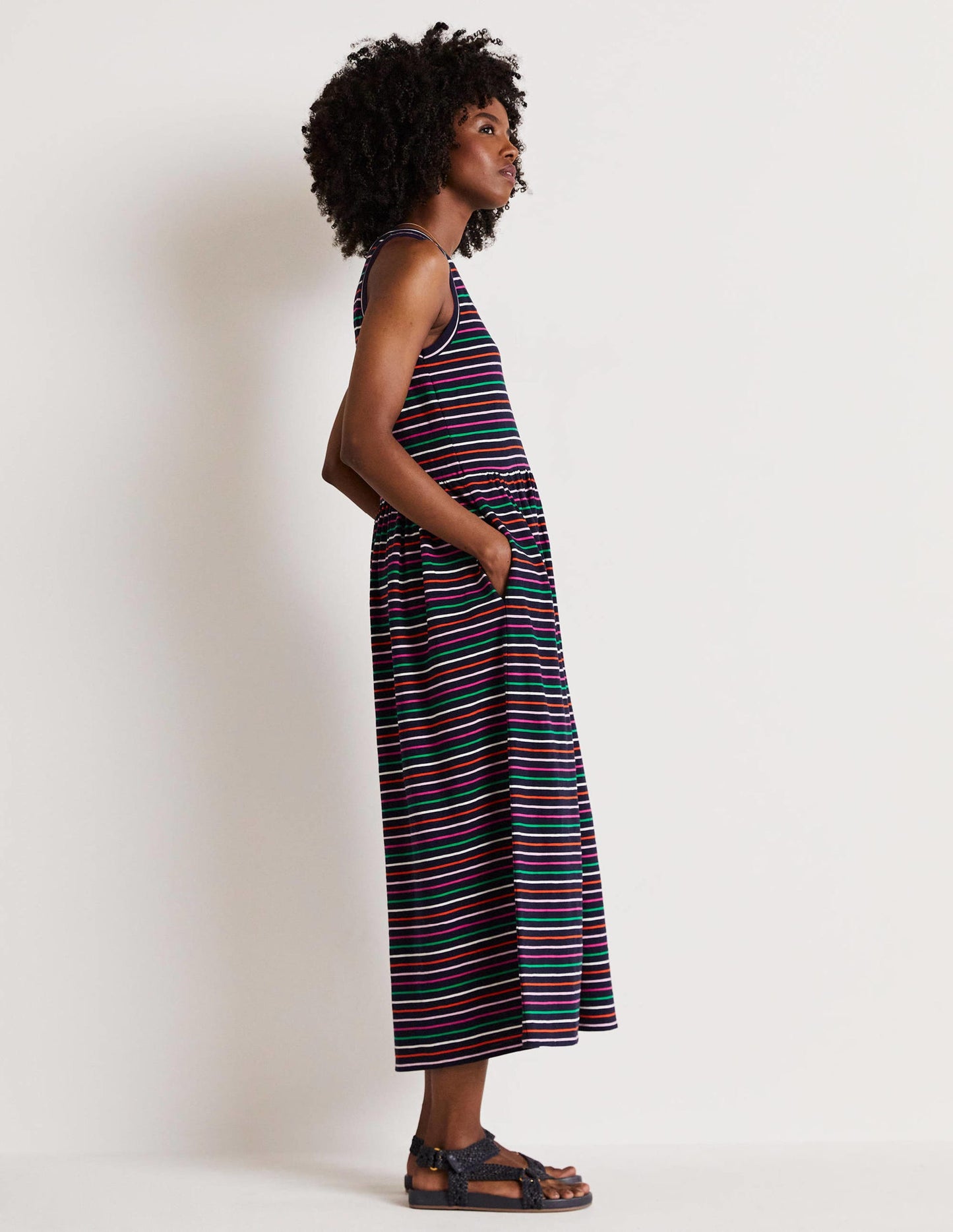 Ärmelloses Jersey-Midikleid-Navy/Bunt, Gestreift