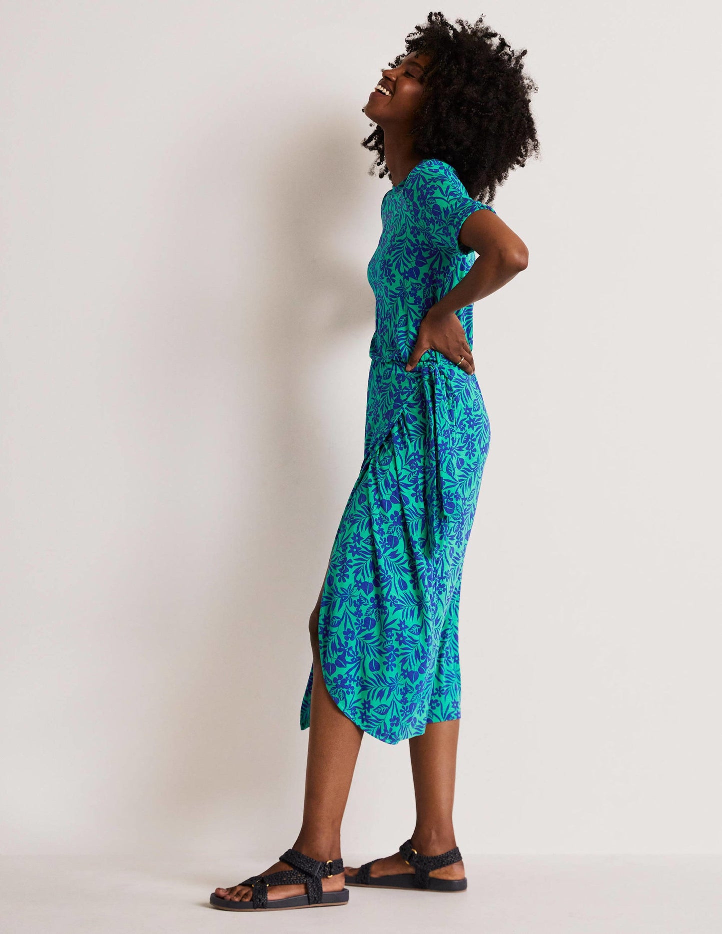 Amanda Jersey-Midikleid-Smaragdgrün, Tropische Blätter