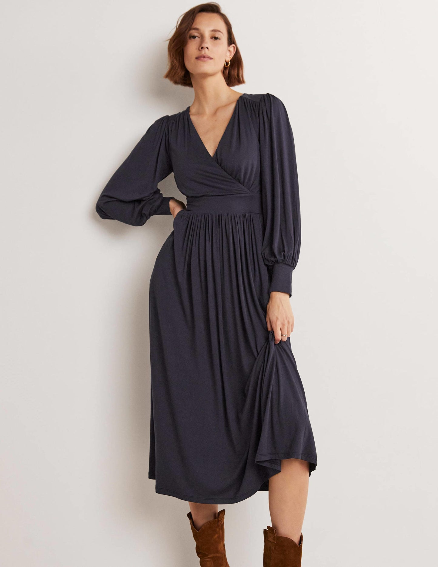 Jersey-Midikleid mit fixierter Wickeloptik-Marineblau