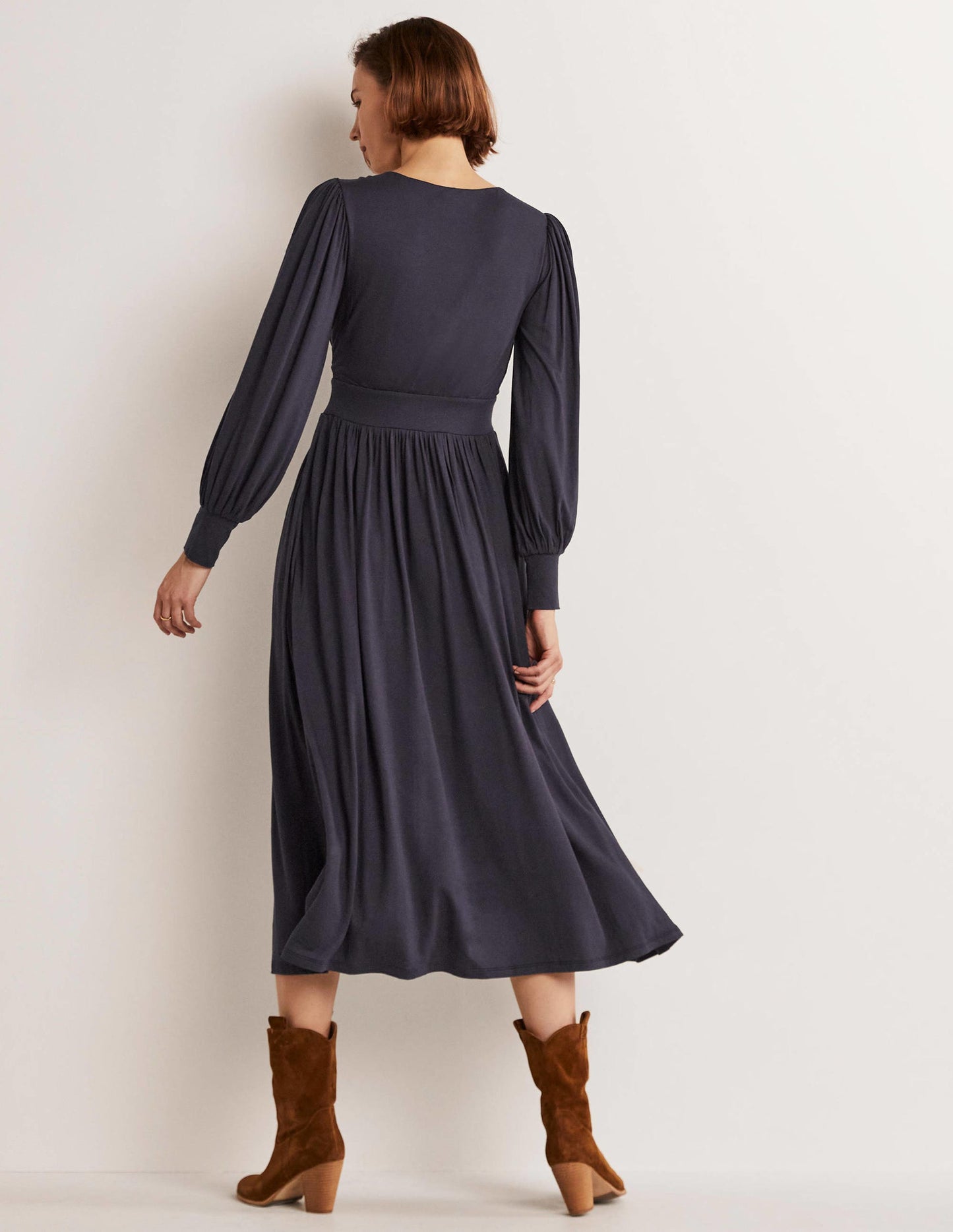 Jersey-Midikleid mit fixierter Wickeloptik-Marineblau