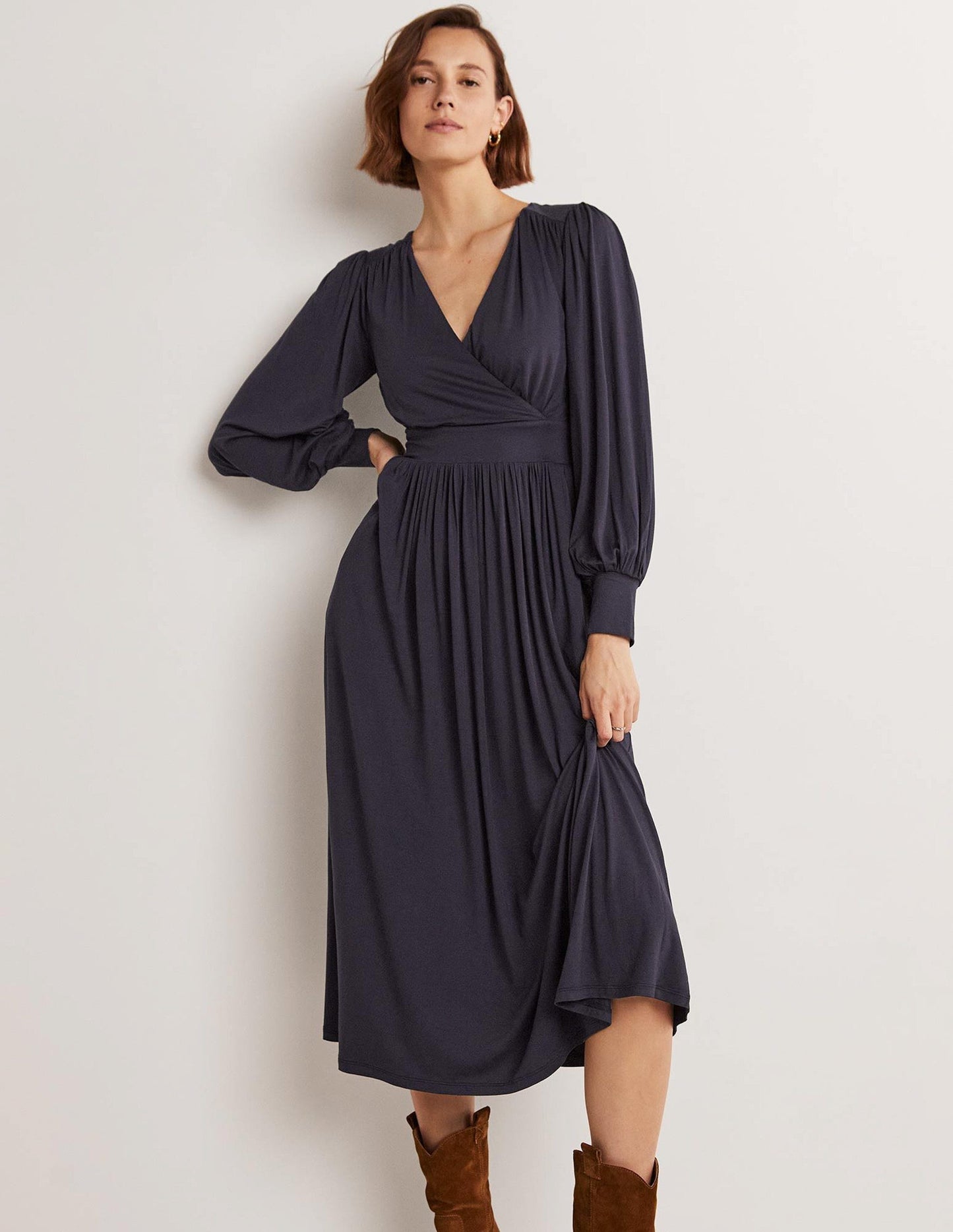 Jersey-Midikleid mit fixierter Wickeloptik-Marineblau
