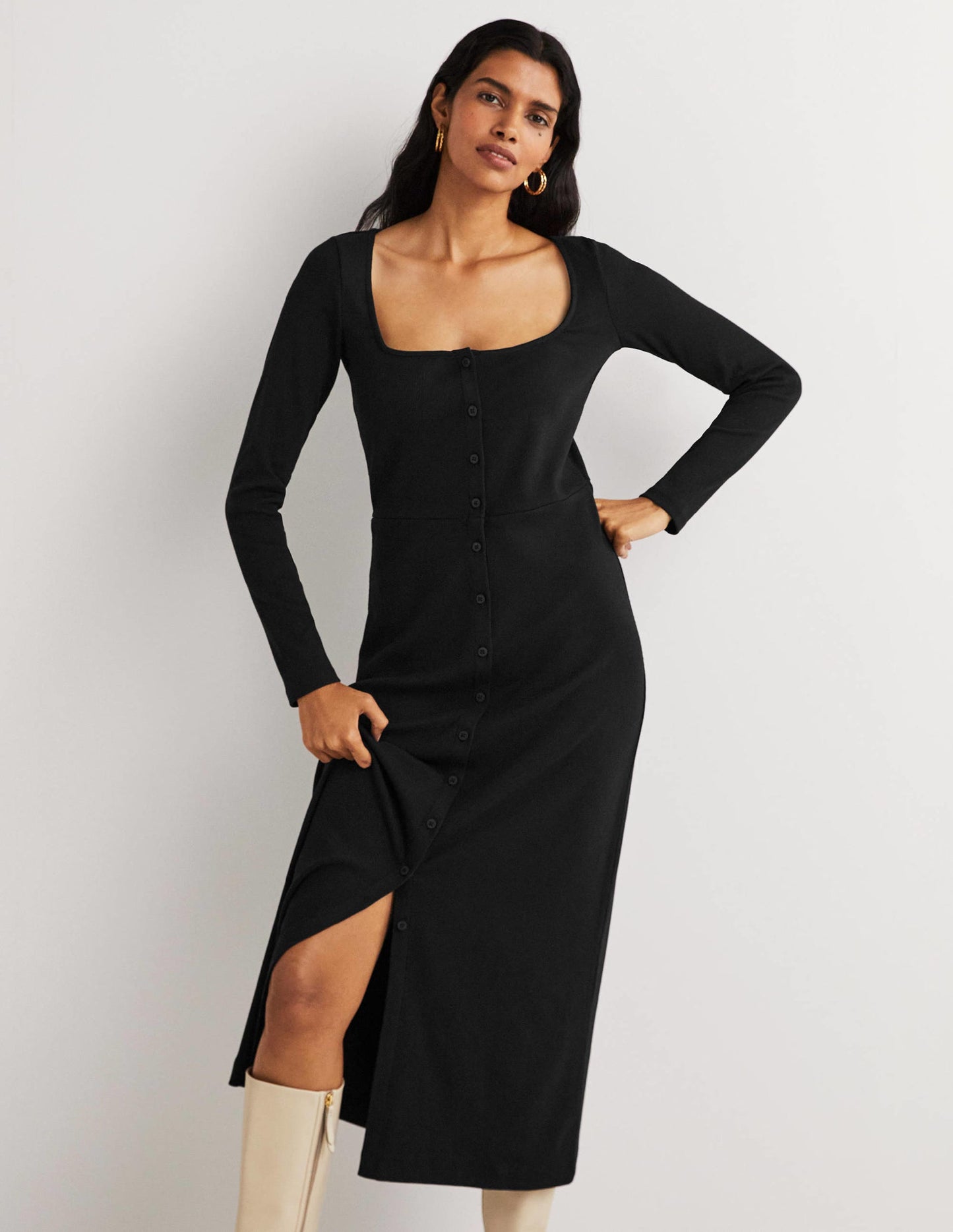 Jersey-Midikleid mit Rippstrick-Schwarz