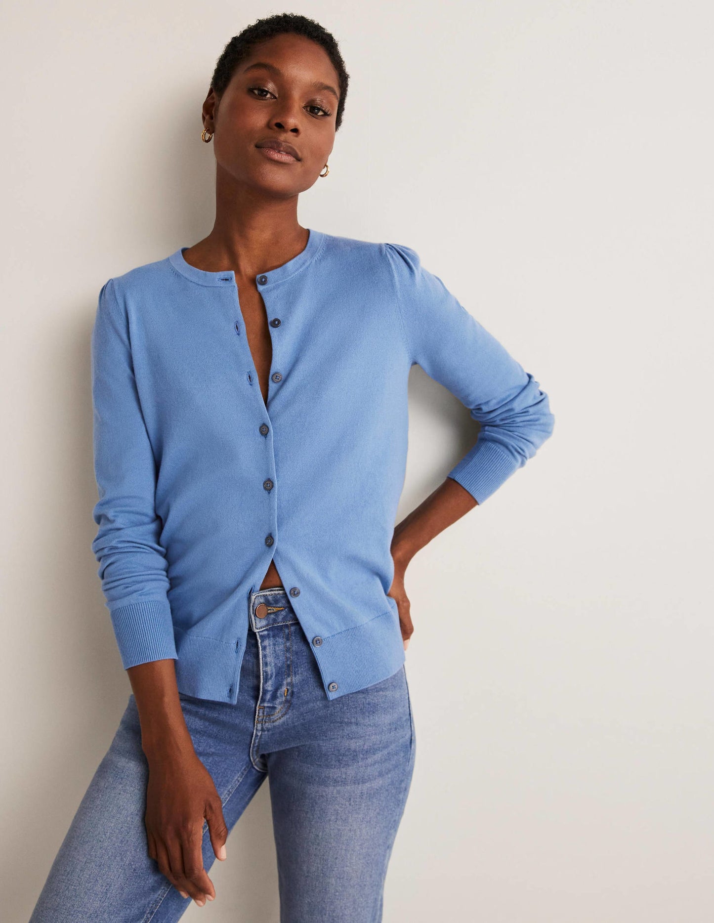 Cotton Crew Neck Cardigan-Riviera Blue