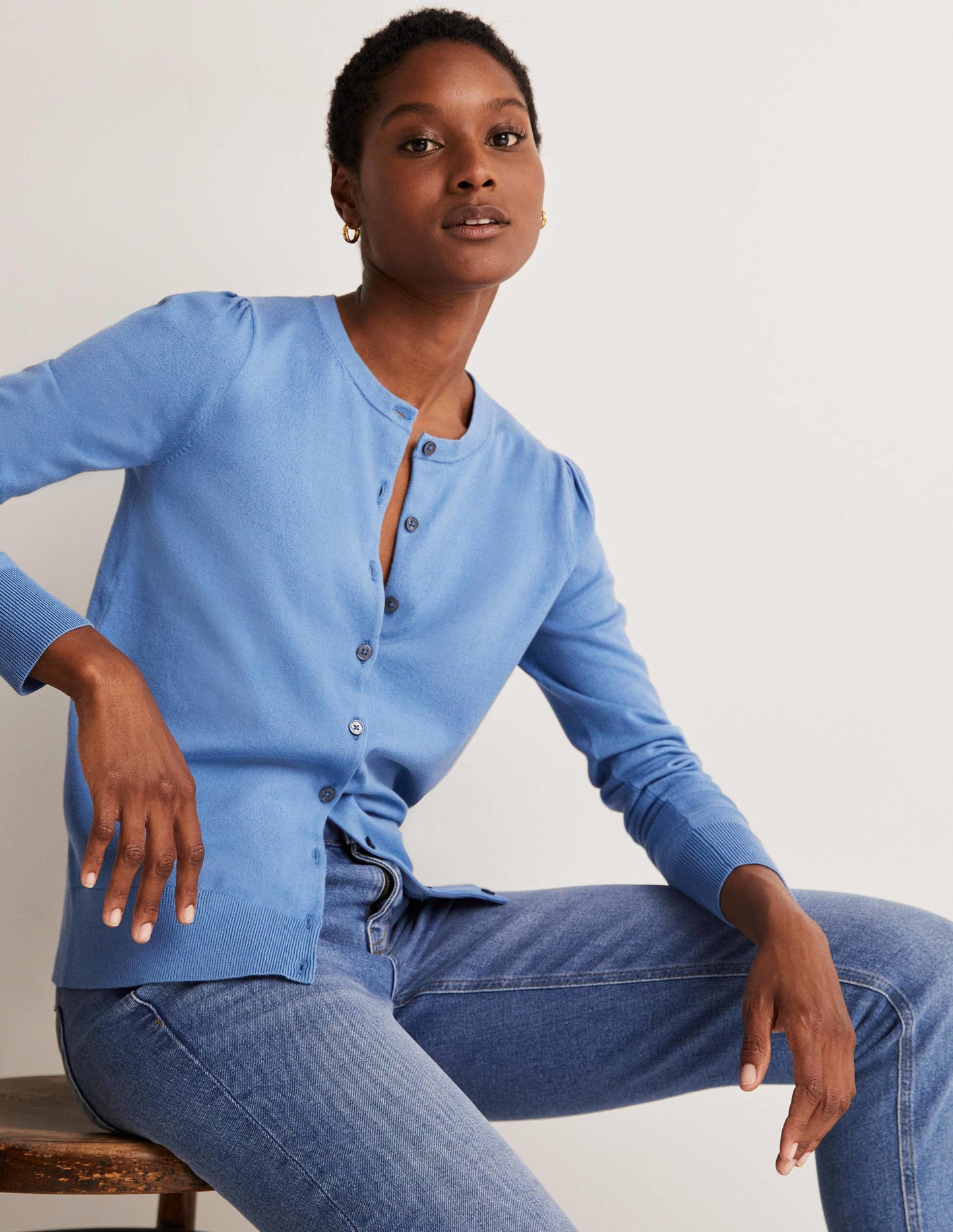 Cotton Crew Neck Cardigan-Riviera Blue