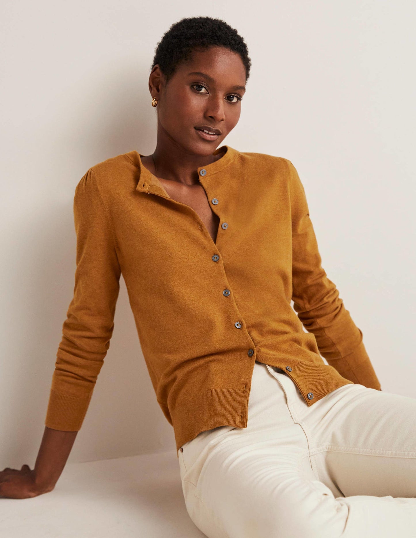 Cotton Crew Neck Cardigan-Butterscotch Brown Melange