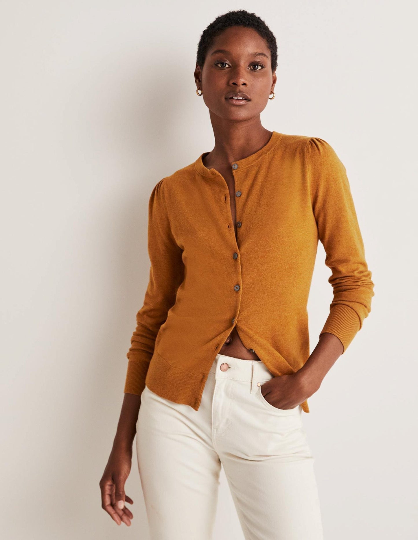 Cotton Crew Neck Cardigan-Butterscotch Brown Melange
