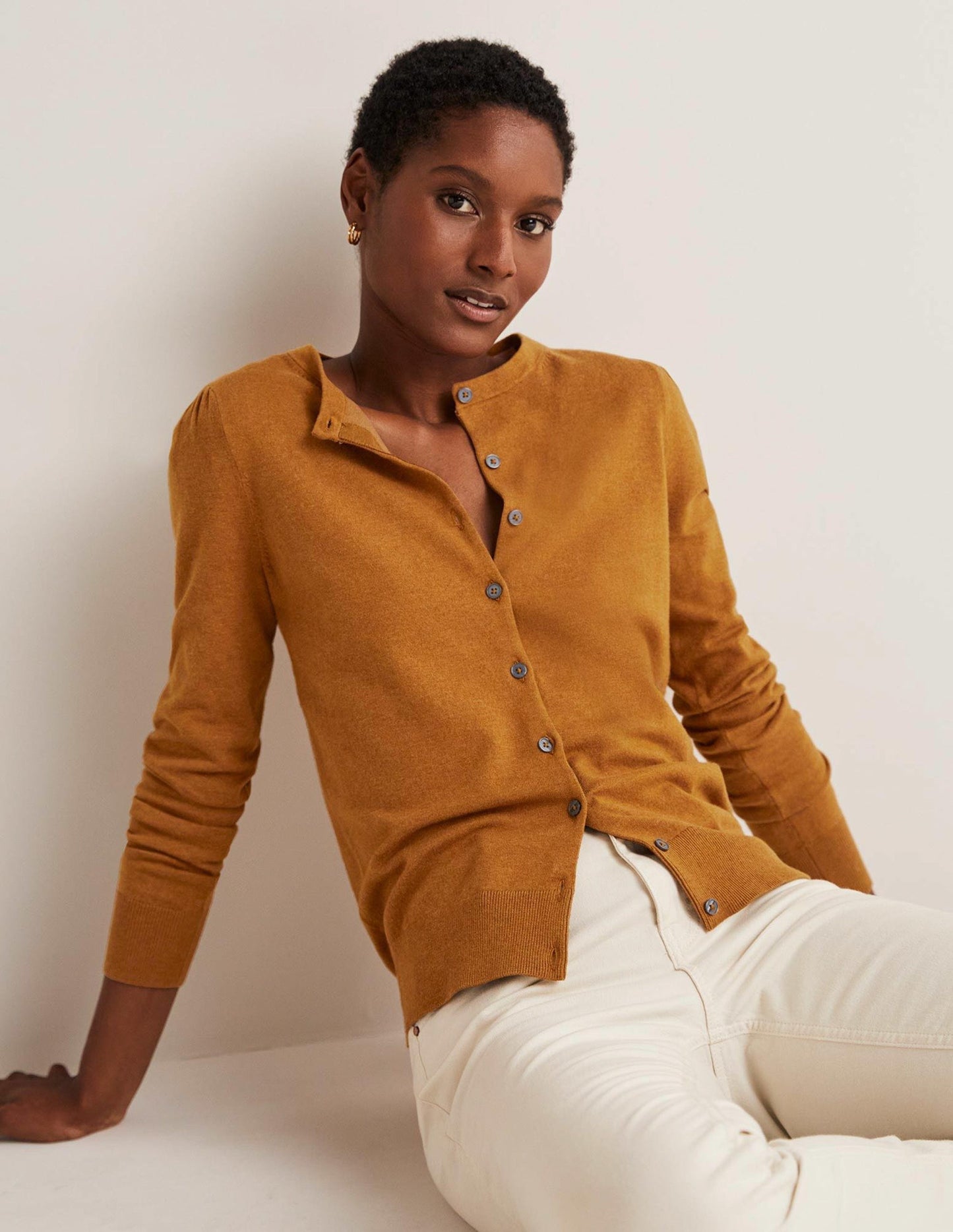 Cotton Crew Neck Cardigan-Butterscotch Brown Melange