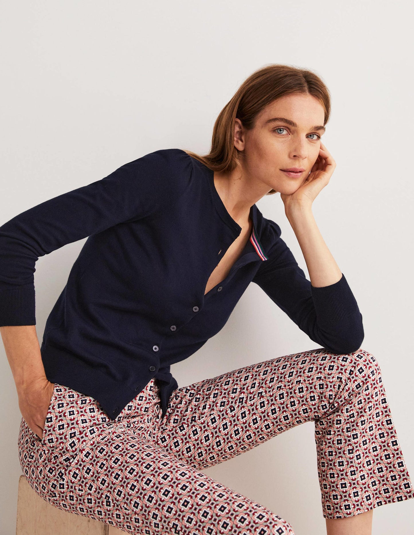 Cotton Crew Neck Cardigan-Navy