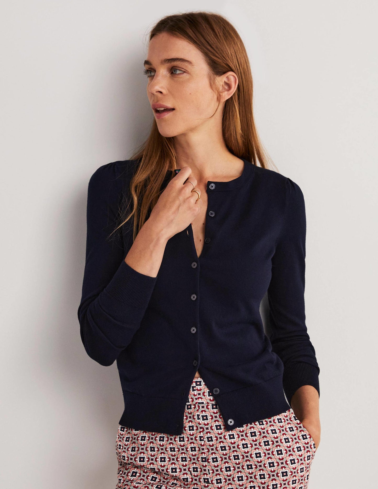 Cotton Crew Neck Cardigan-Navy