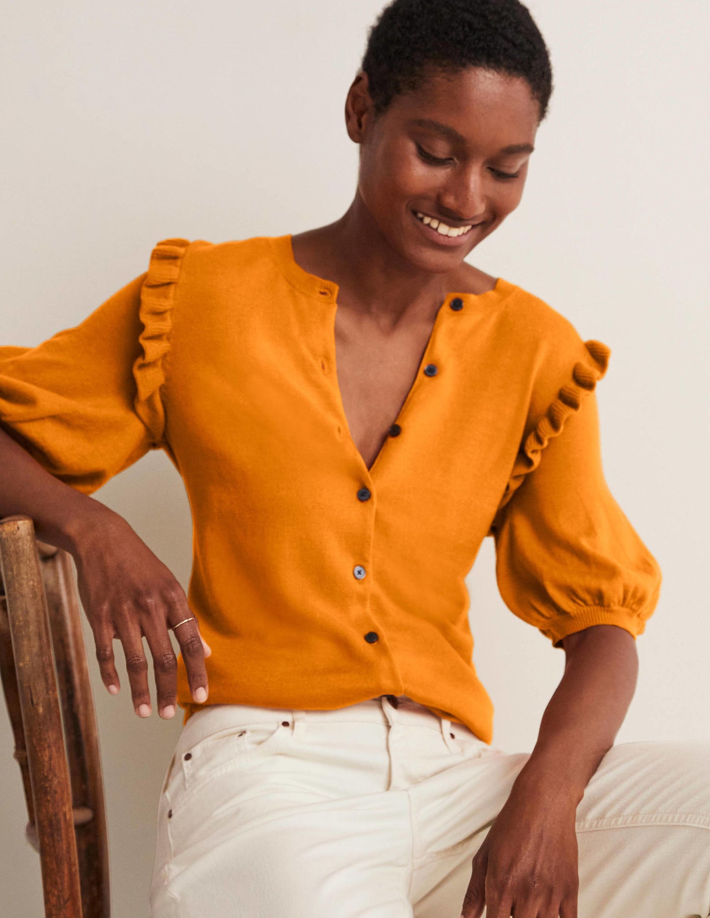 Frill Shoulder Cotton Cardigan-Desert Sun Orange