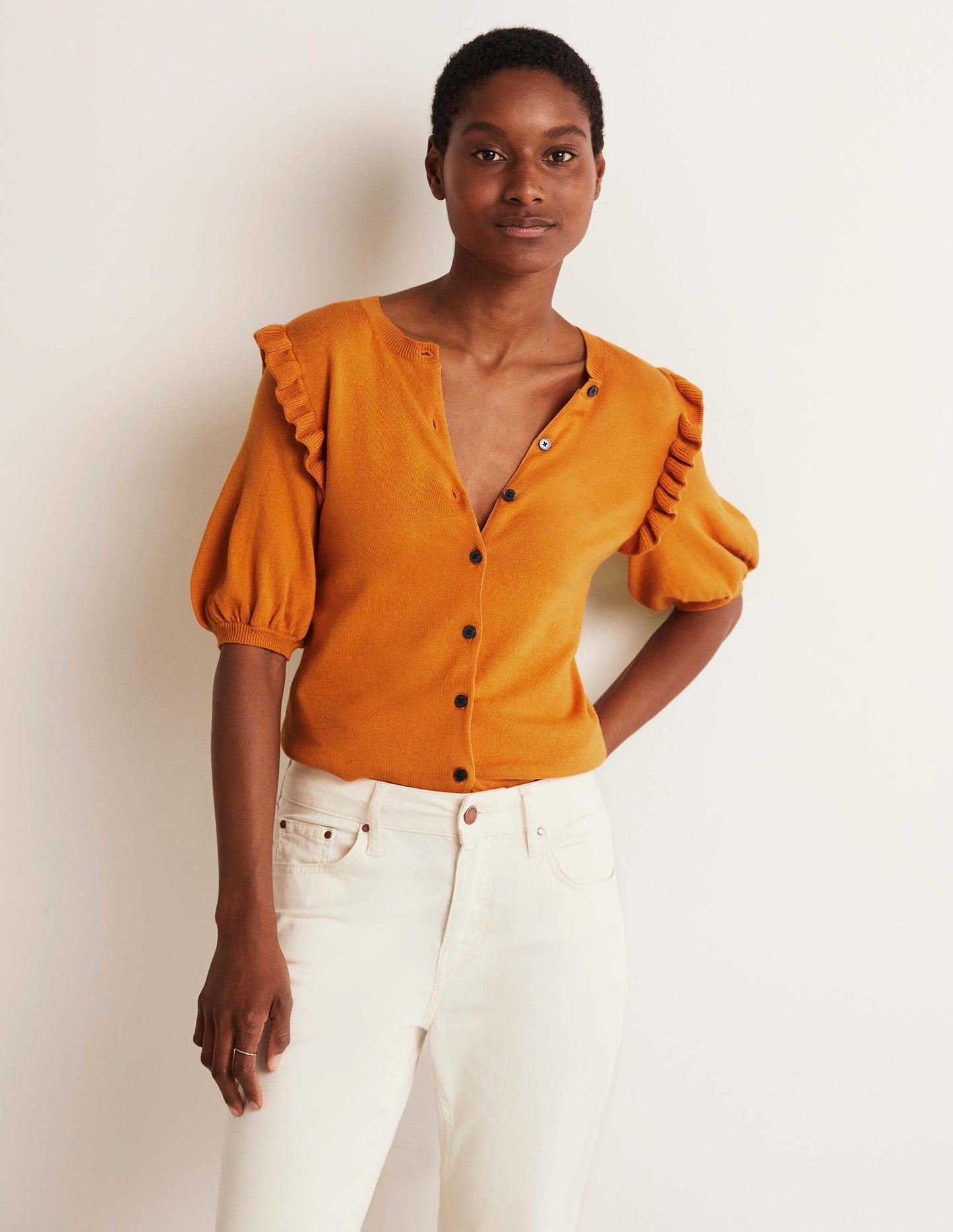 Frill Shoulder Cotton Cardigan-Desert Sun Orange