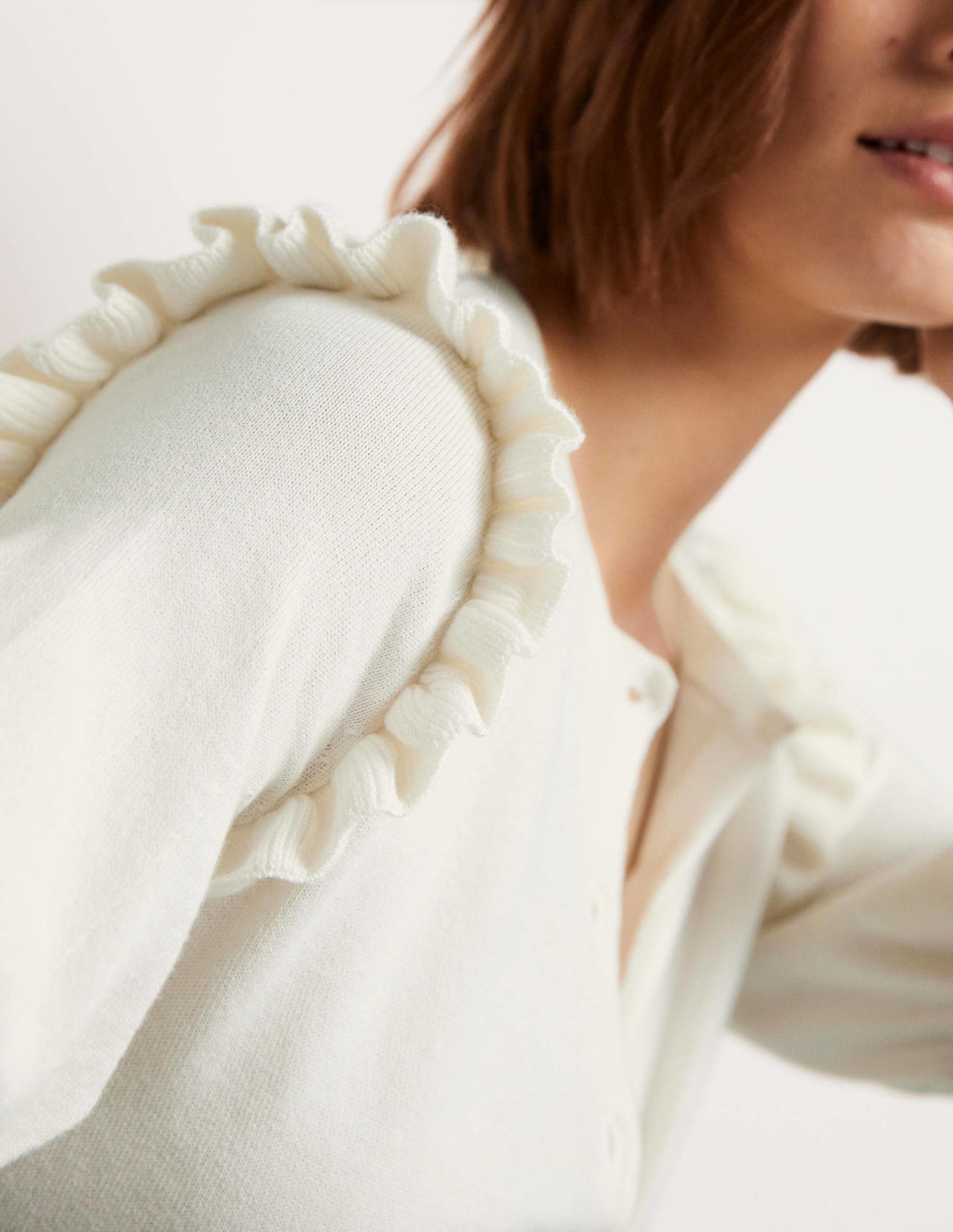 Frill Shoulder Cotton Cardigan-Ivory