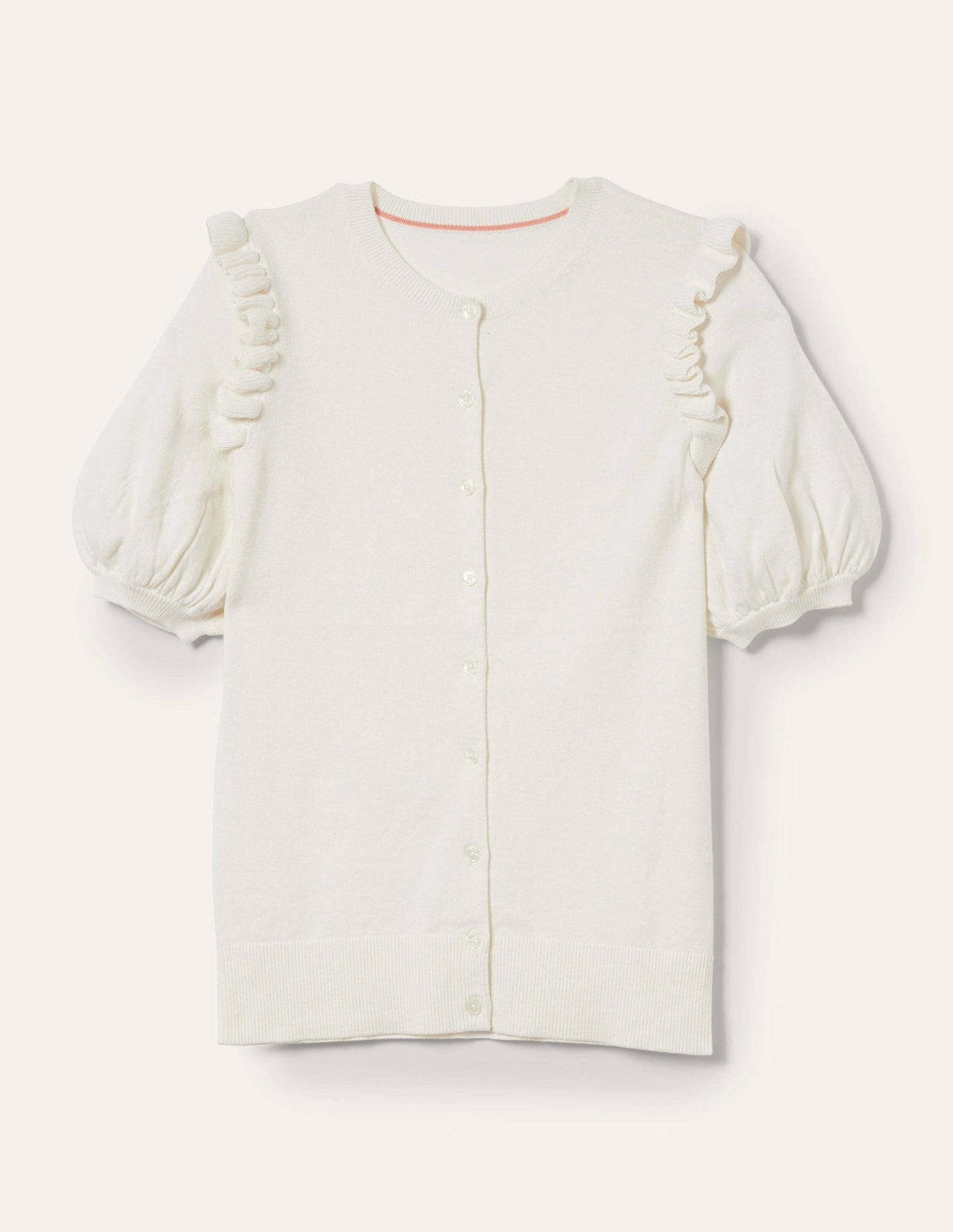 Frill Shoulder Cotton Cardigan-Ivory