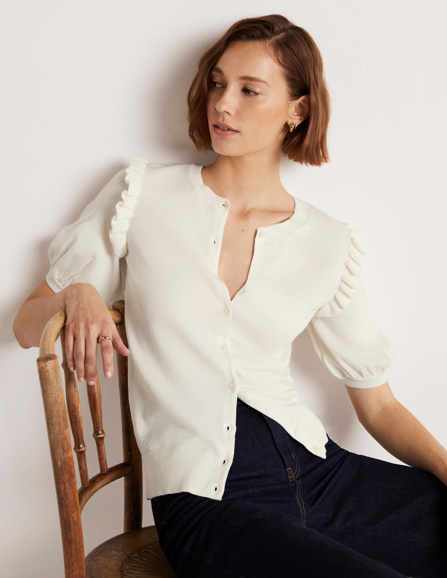 Frill Shoulder Cotton Cardigan-Ivory