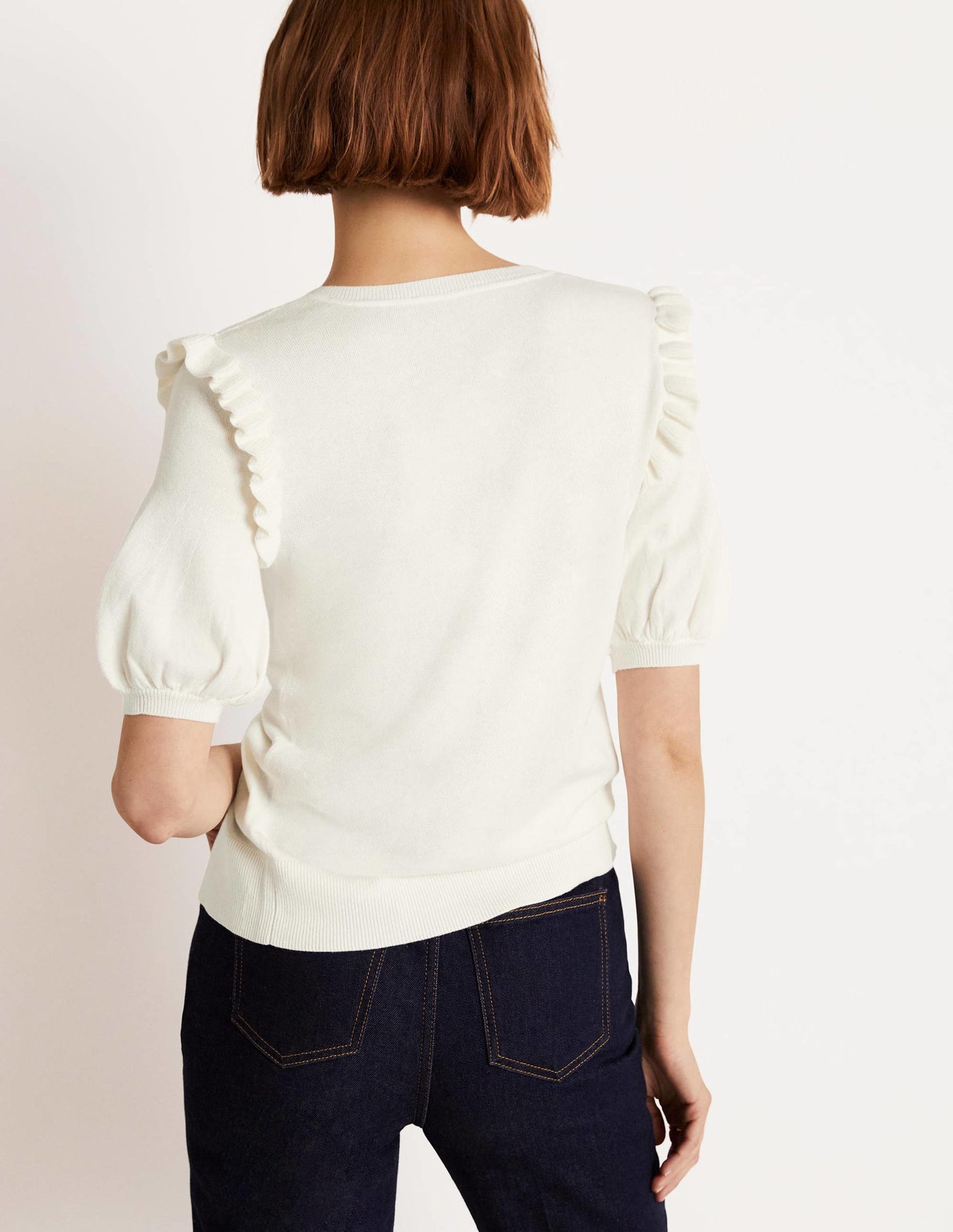 Frill Shoulder Cotton Cardigan-Ivory
