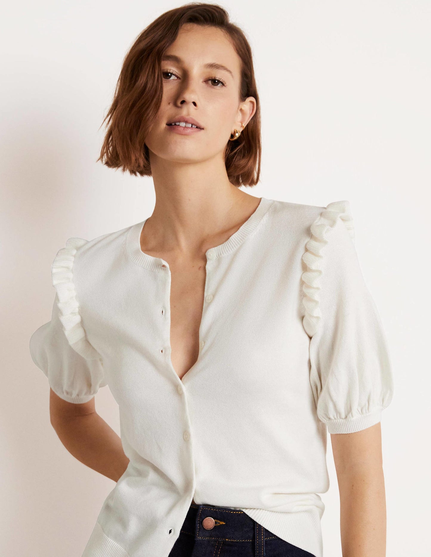 Frill Shoulder Cotton Cardigan-Ivory
