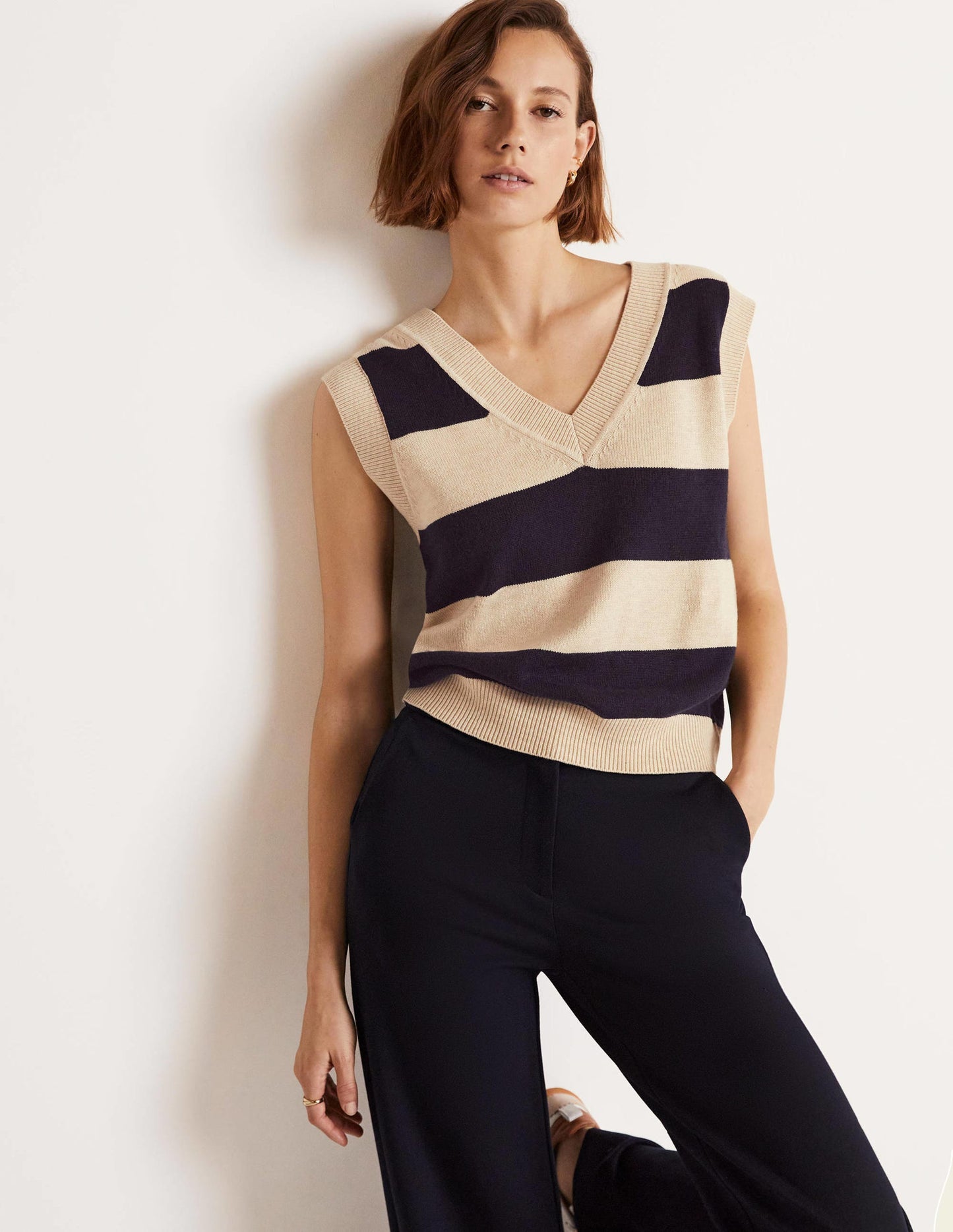 Strickpullunder mit V-Ausschnitt-Navy/Hellbeige Melange, Gestreift