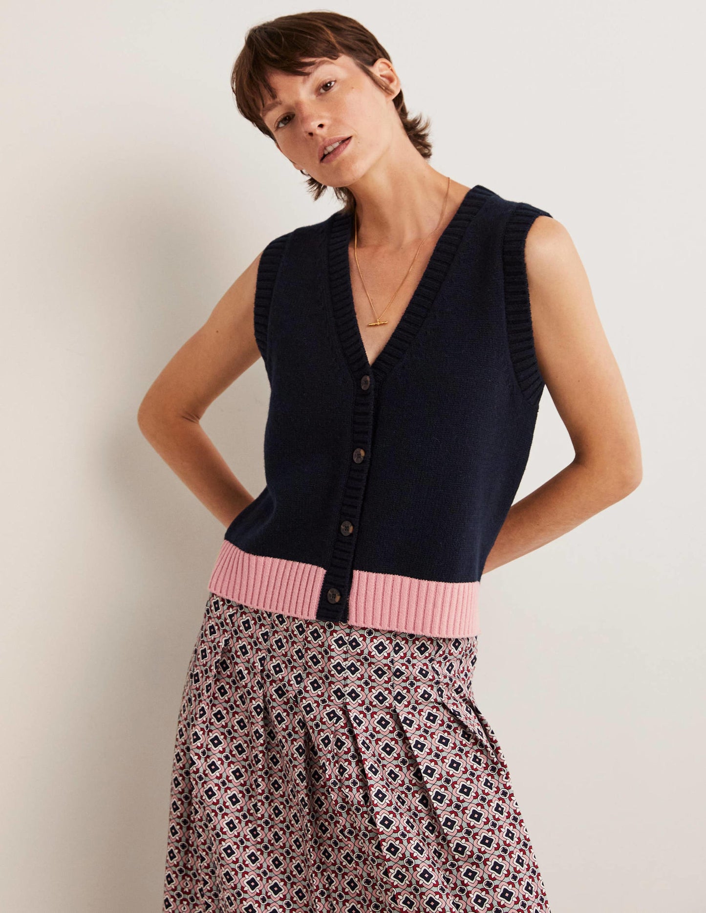 Strickpullunder mit Knopfreihe-Navy/Milchshake
