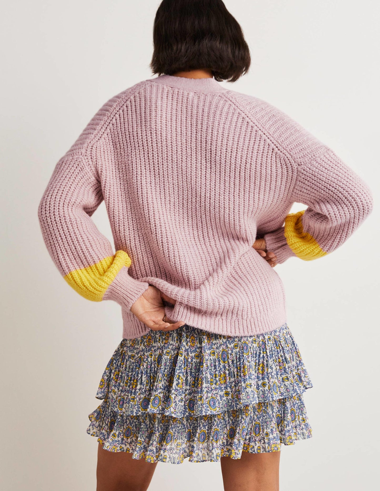 Bequemer Flausch-Cardigan aus Rippstrick-Milchshake-Rosa/Neongelb