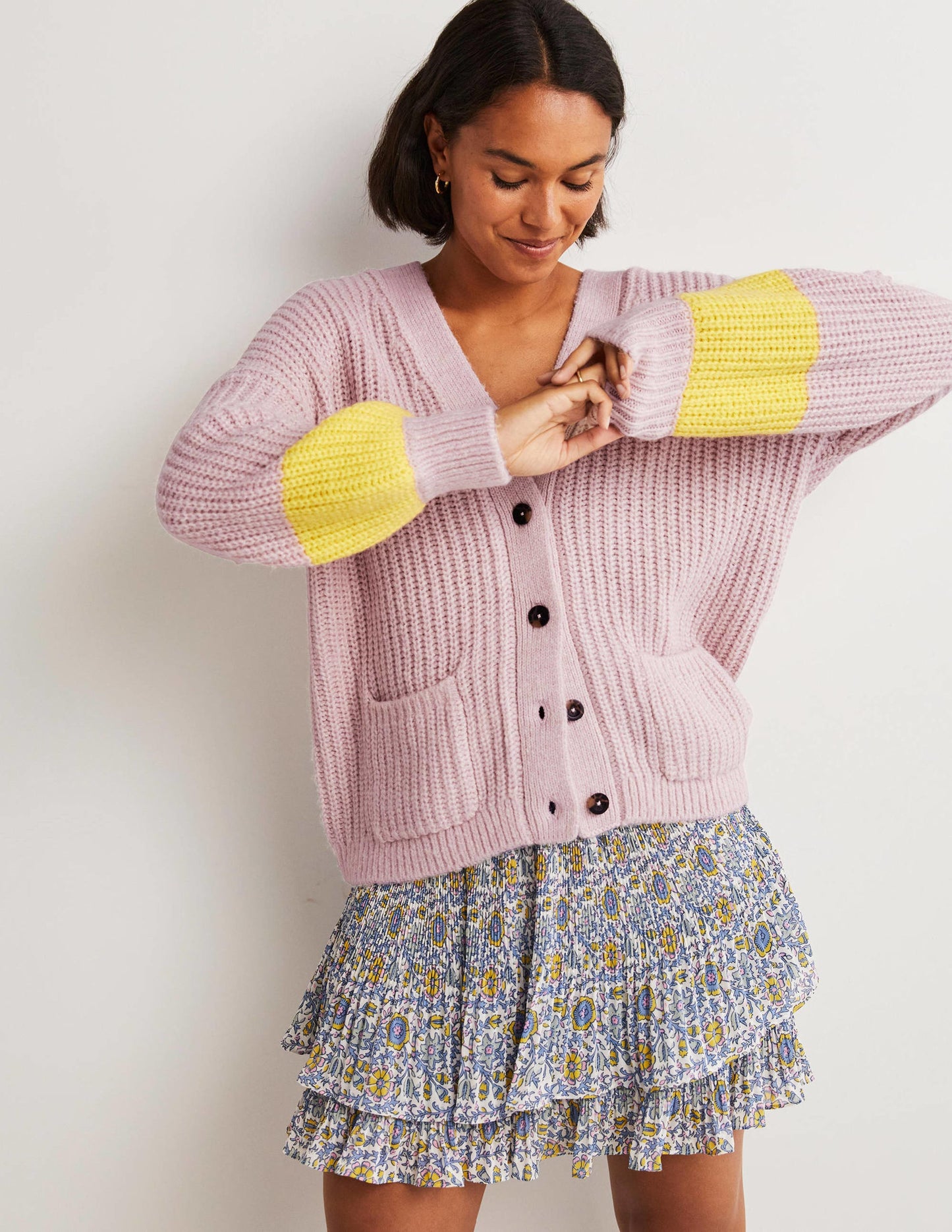 Bequemer Flausch-Cardigan aus Rippstrick-Milchshake-Rosa/Neongelb