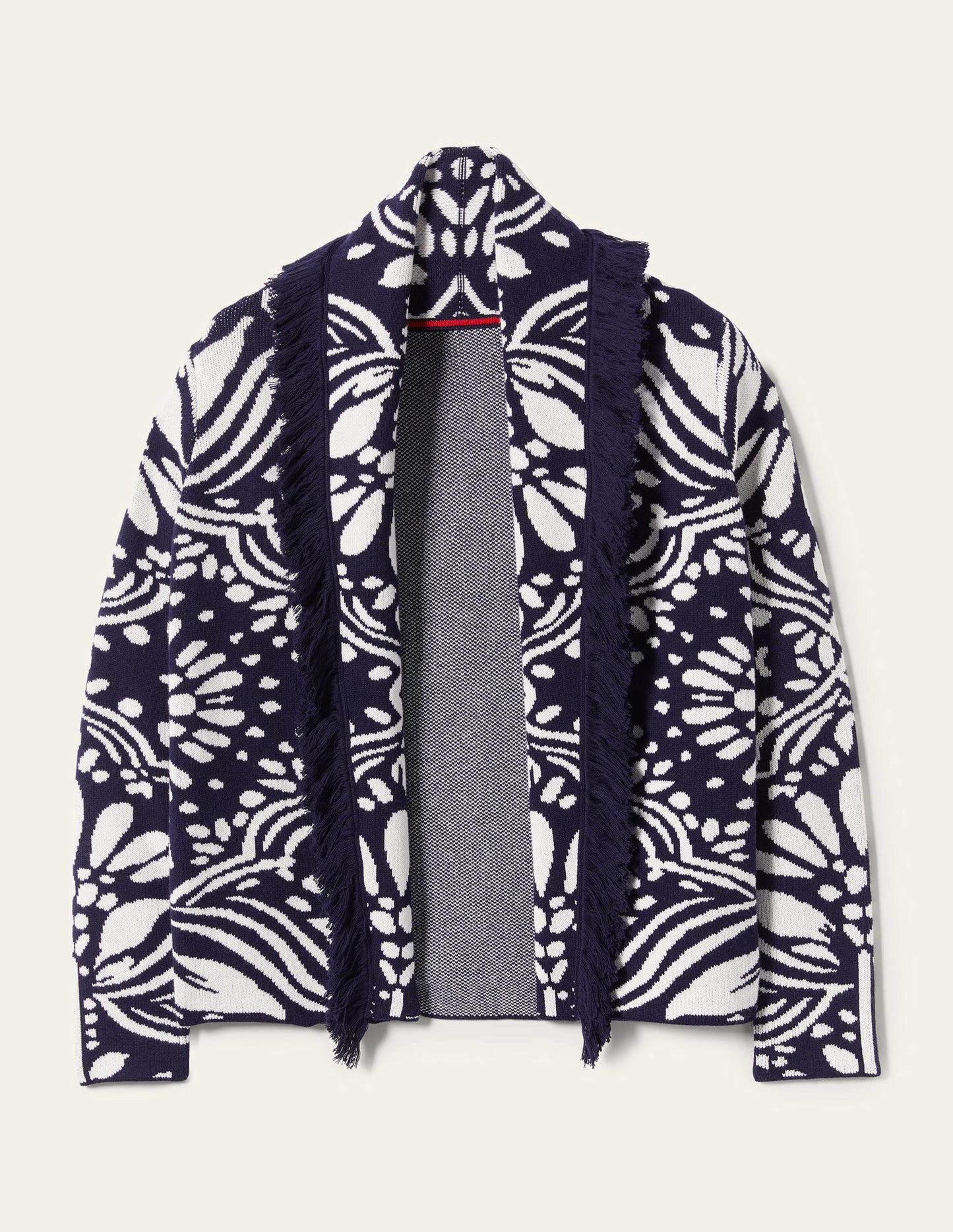 Jacquard-Strickjacke mit Fransen-Navy, Orientalische Diamanten