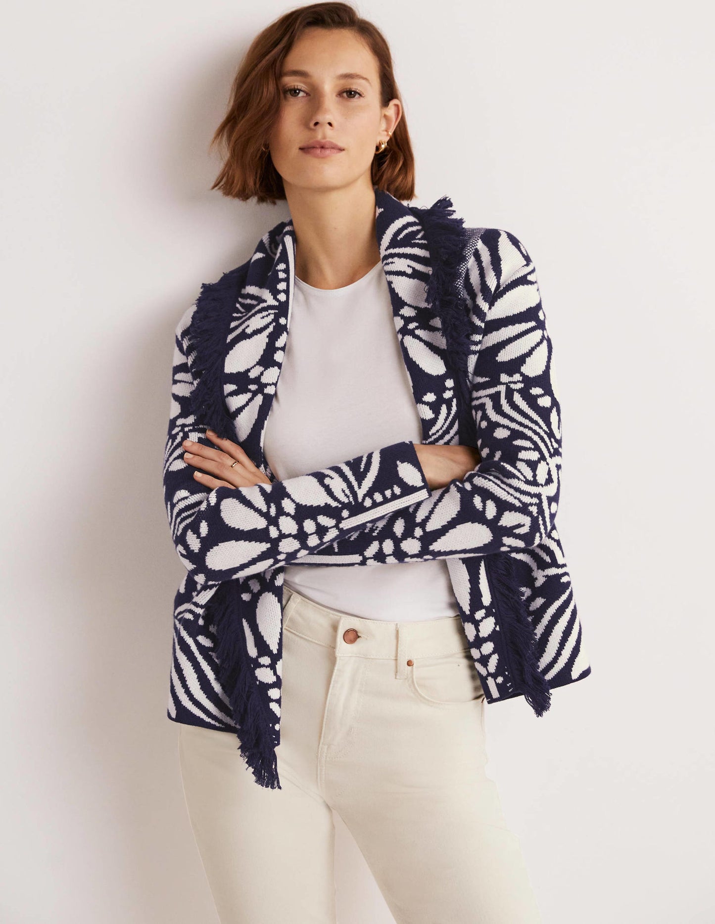 Jacquard-Strickjacke mit Fransen-Navy, Orientalische Diamanten