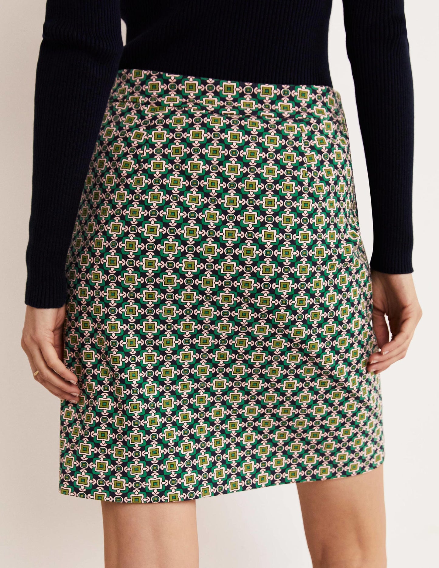 Ponte A-line Mini Skirt-Shady Glade Green, Square Geo