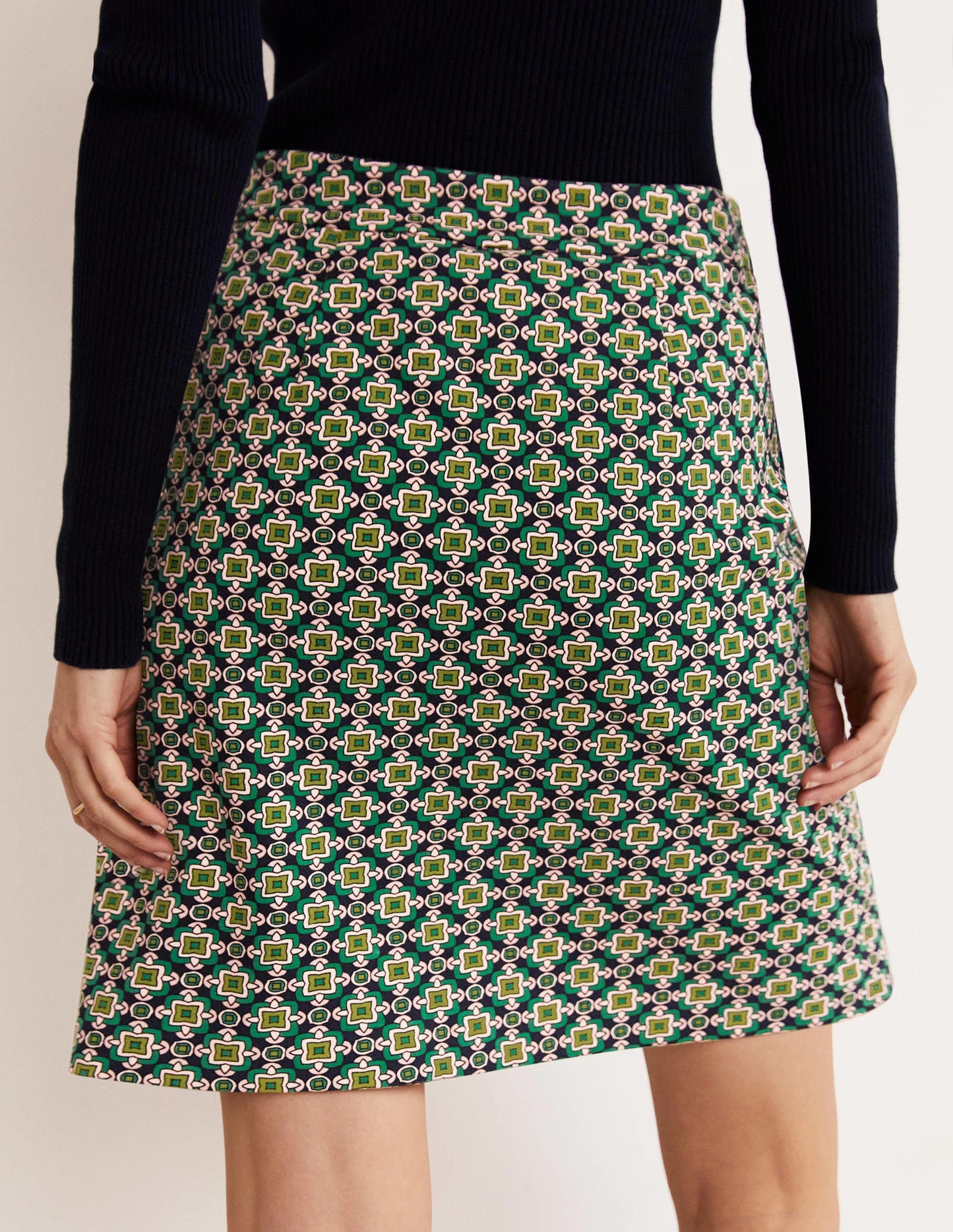 Ponte A-line Mini Skirt-Shady Glade Green, Square Geo