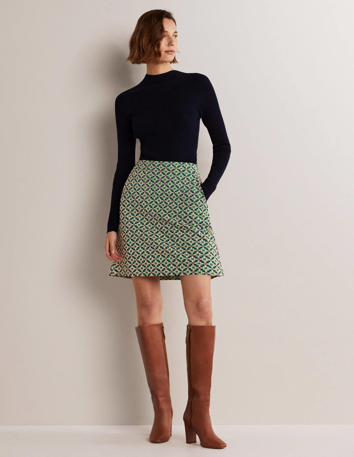 Ponte A-line Mini Skirt-Shady Glade Green, Square Geo