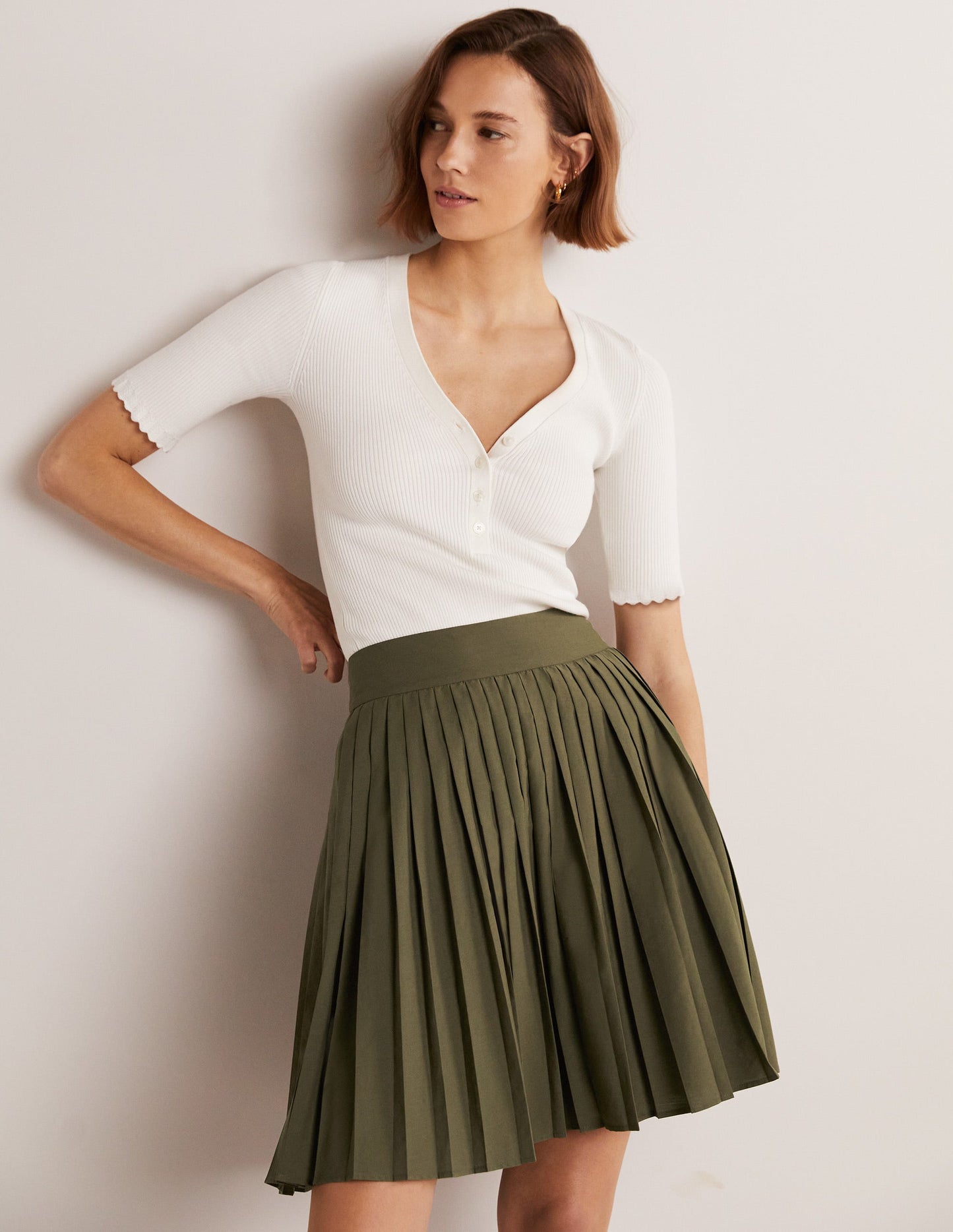 Pleated Cotton Mini Skirt-Oregano Green