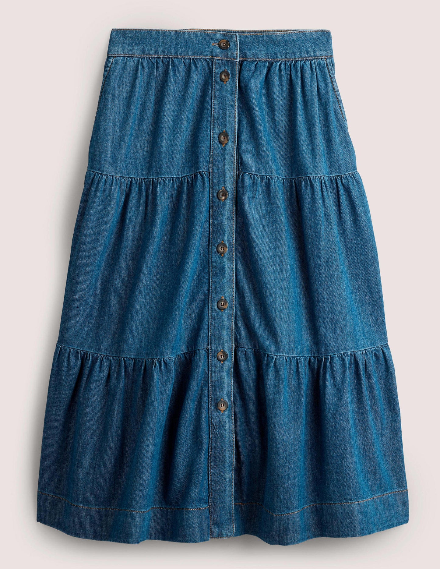 Gestufter Midirock aus Denim-Mittleres Vintageblau, Denim