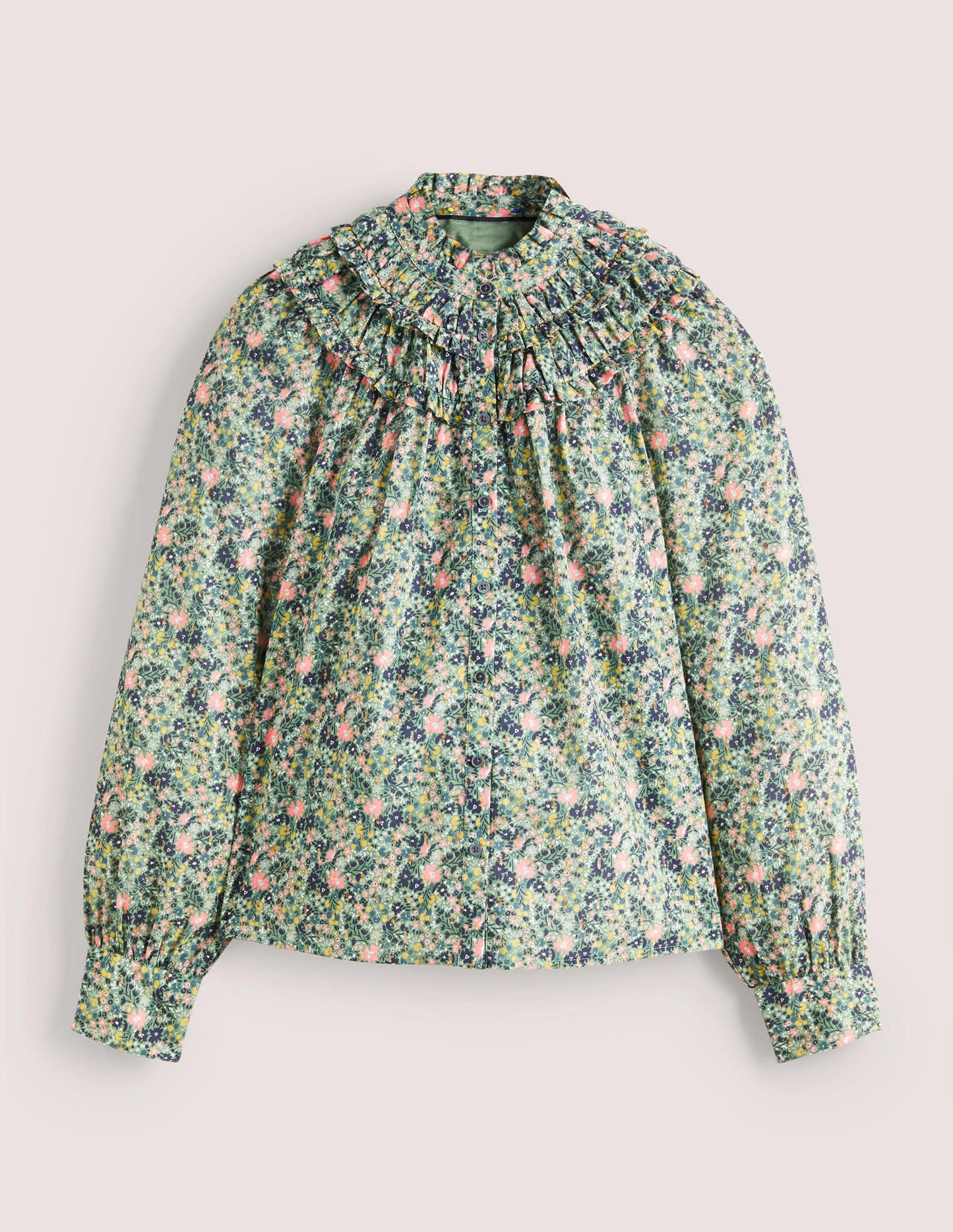 Hemd mit hohem Rüschenkragen-Rosemaringrün, Abstraktes Kleines Blumenmuster