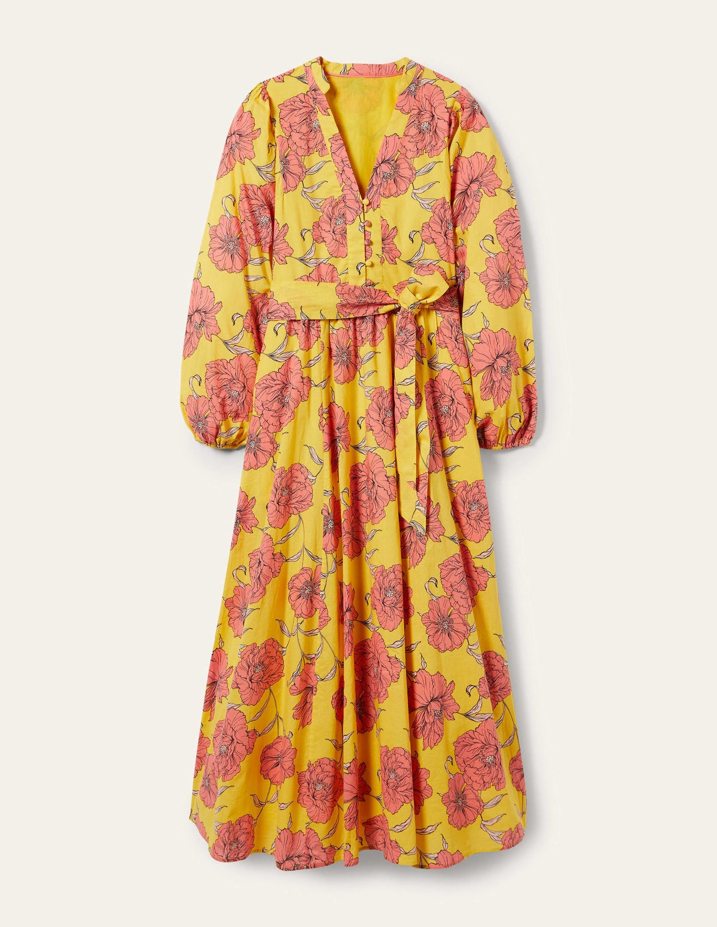 Notch Neck Cotton Maxi Dress-Lemon Fizz, Peony Bloom