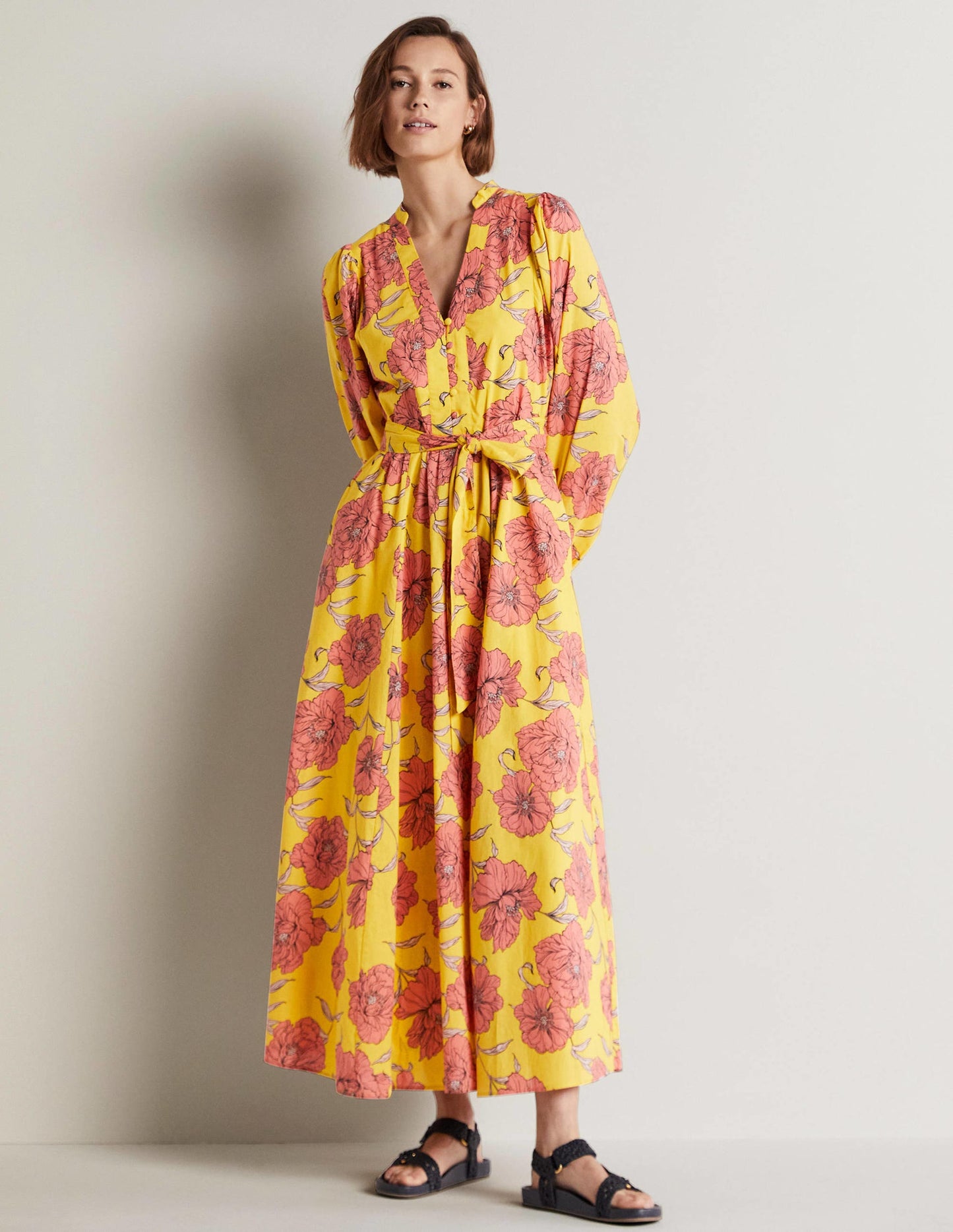 Notch Neck Cotton Maxi Dress-Lemon Fizz, Peony Bloom