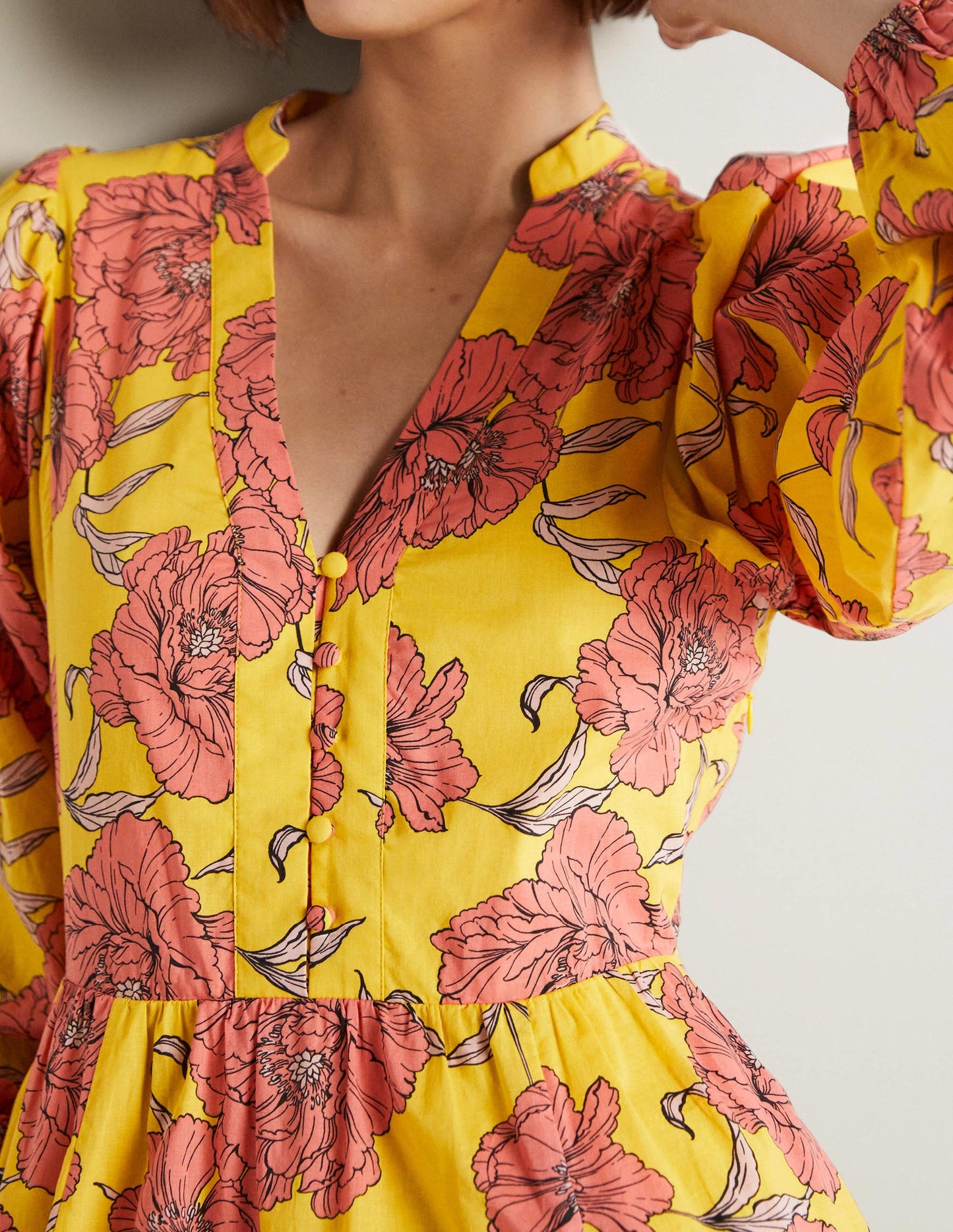 Notch Neck Cotton Maxi Dress-Lemon Fizz, Peony Bloom