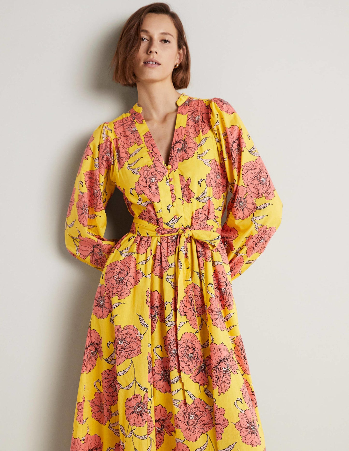 Notch Neck Cotton Maxi Dress-Lemon Fizz, Peony Bloom