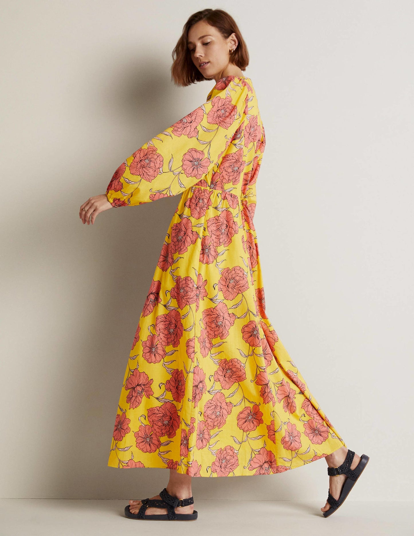 Notch Neck Cotton Maxi Dress-Lemon Fizz, Peony Bloom