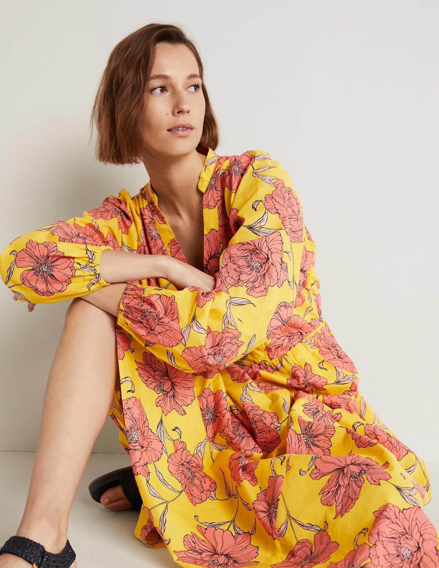 Notch Neck Cotton Maxi Dress-Lemon Fizz, Peony Bloom