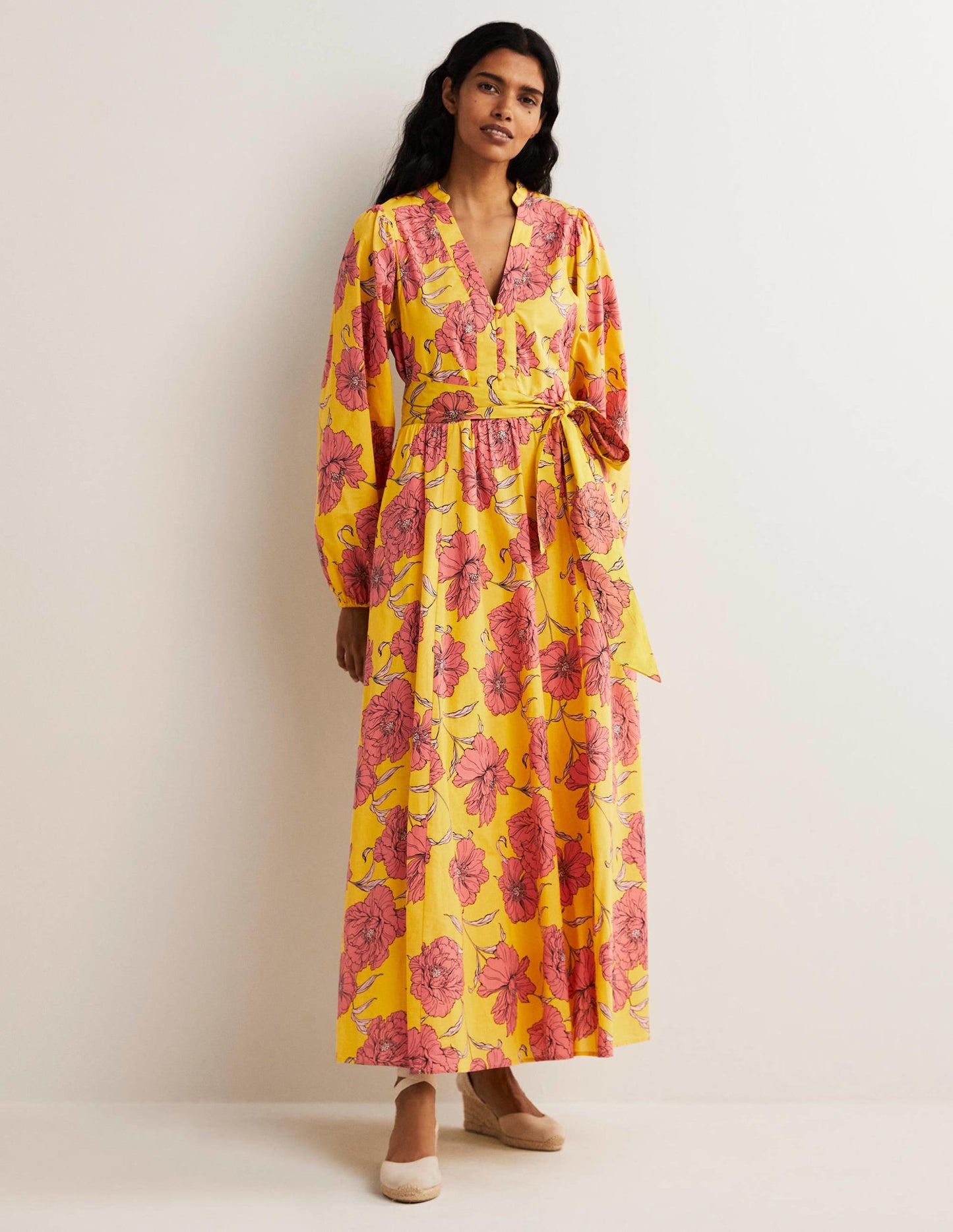 Notch Neck Cotton Maxi Dress-Lemon Fizz, Peony Bloom