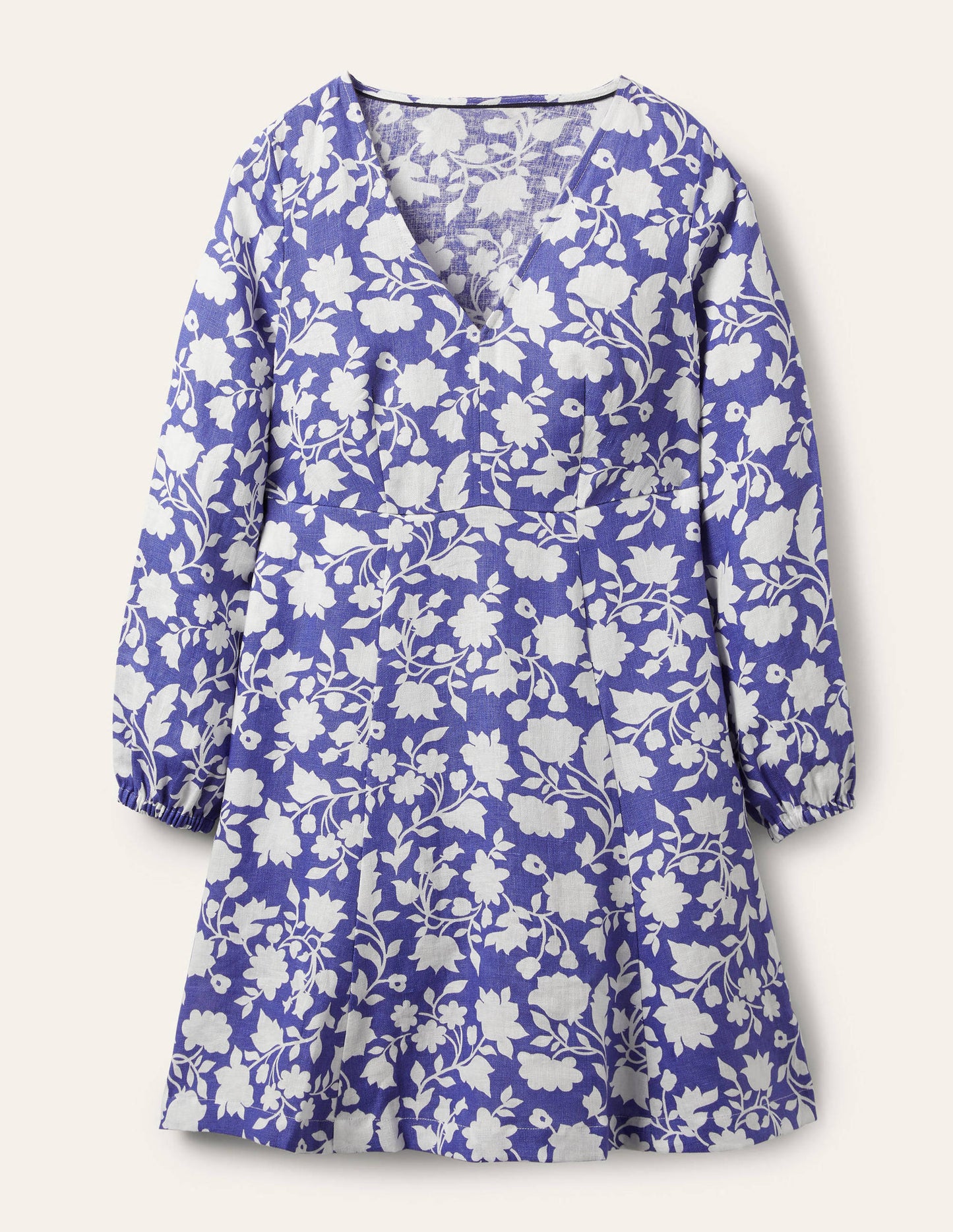 Ausgestelltes Minikleid mit V-Ausschnitt-Glockenblumenblau, Botanische Silhouette