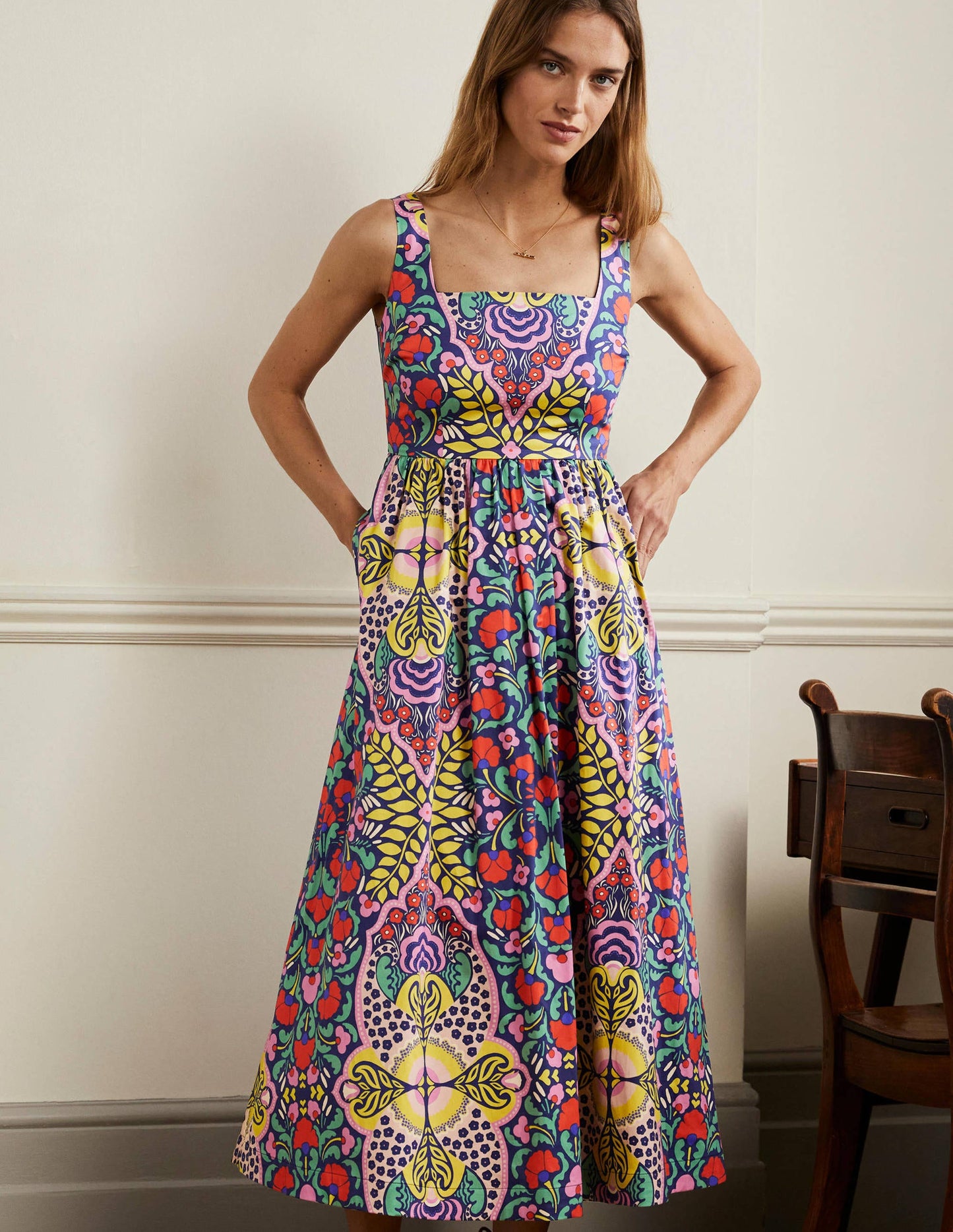 Violet Midikleid mit eckigem Ausschnitt-Navy, Blumenmuster
