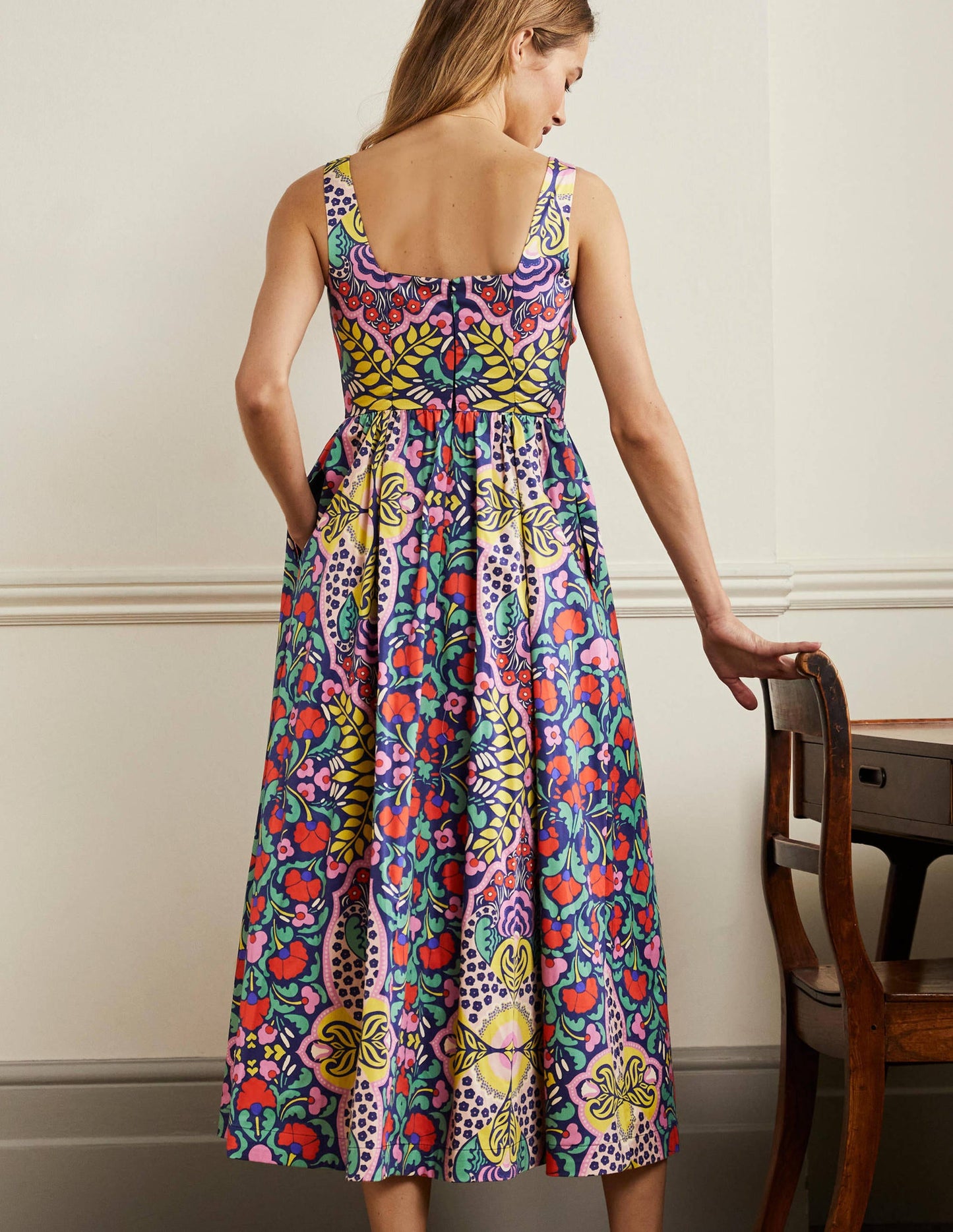 Violet Midikleid mit eckigem Ausschnitt-Navy, Blumenmuster