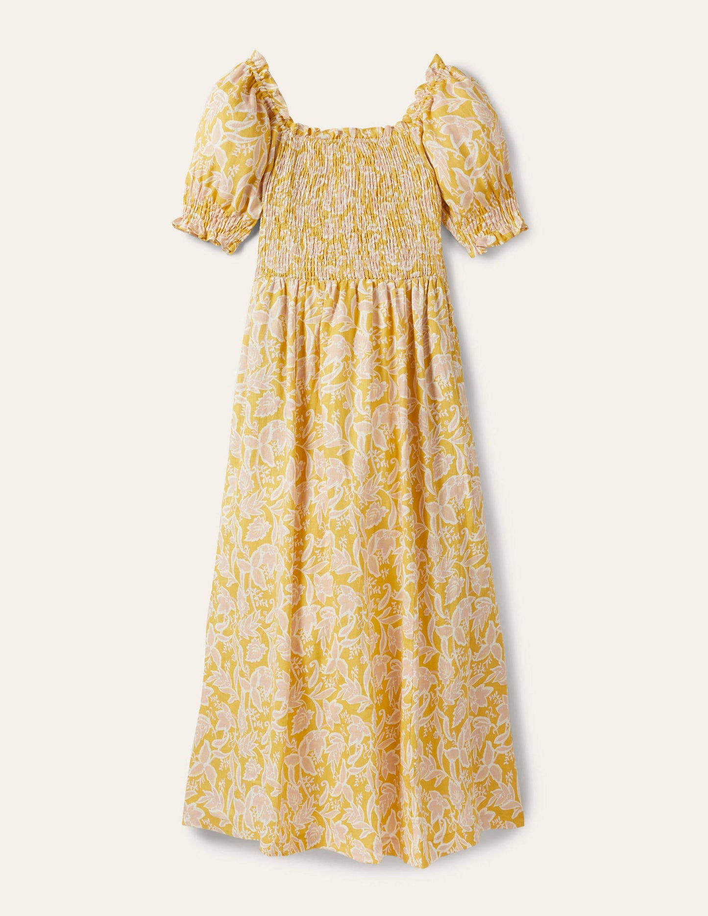 Midikleid mit gesmoktem Oberteil-Buttergelb, Wildblumen