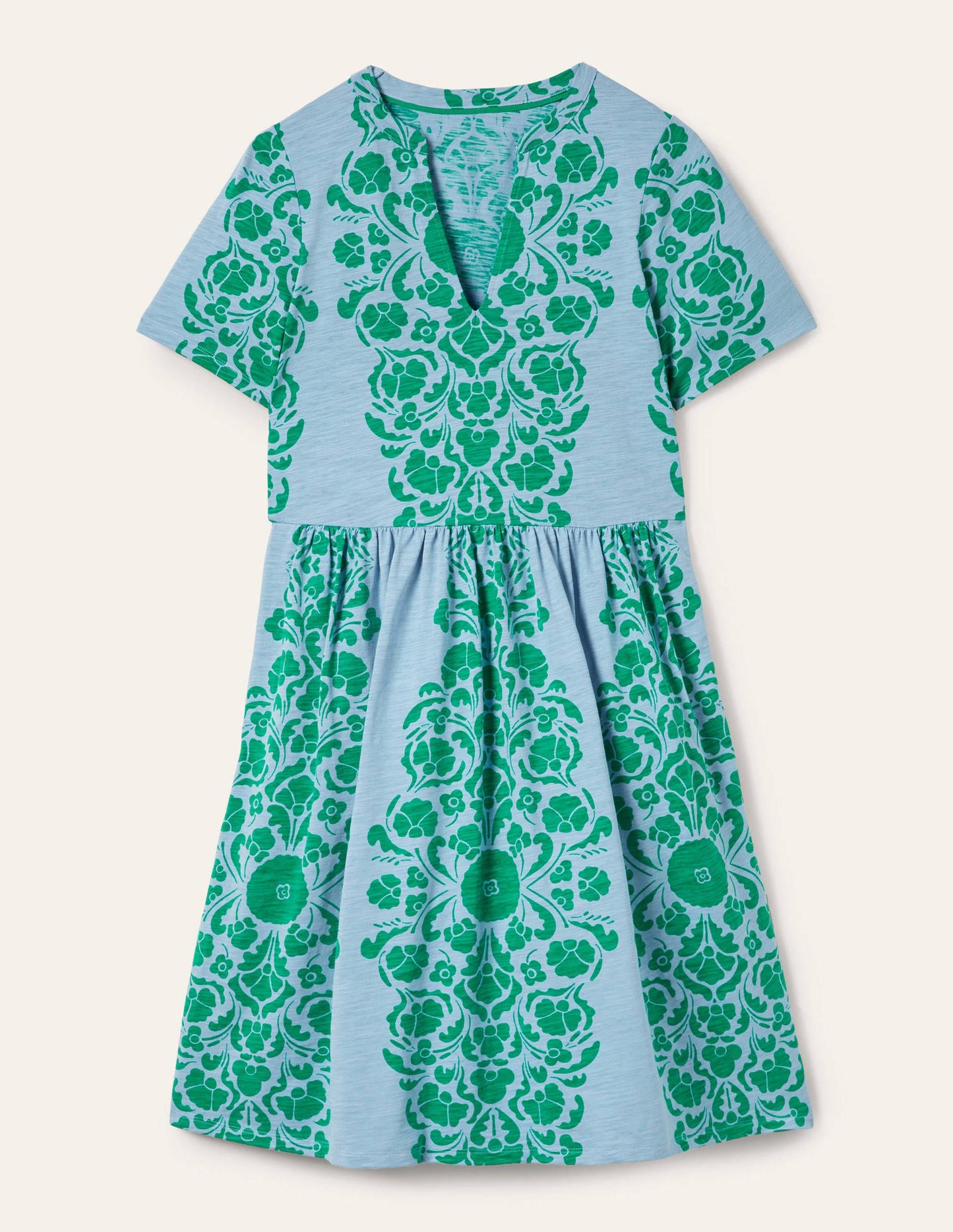 Einfaches Jerseykleid mit gekerbtem Ausschnitt-Graublau, Blumenmuster